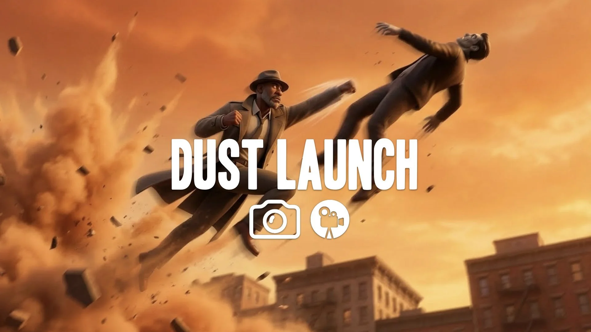 Upward camera angle following an opponent launched into the air, orange sky background, air combo sequence, fast-paced motion blur. No music