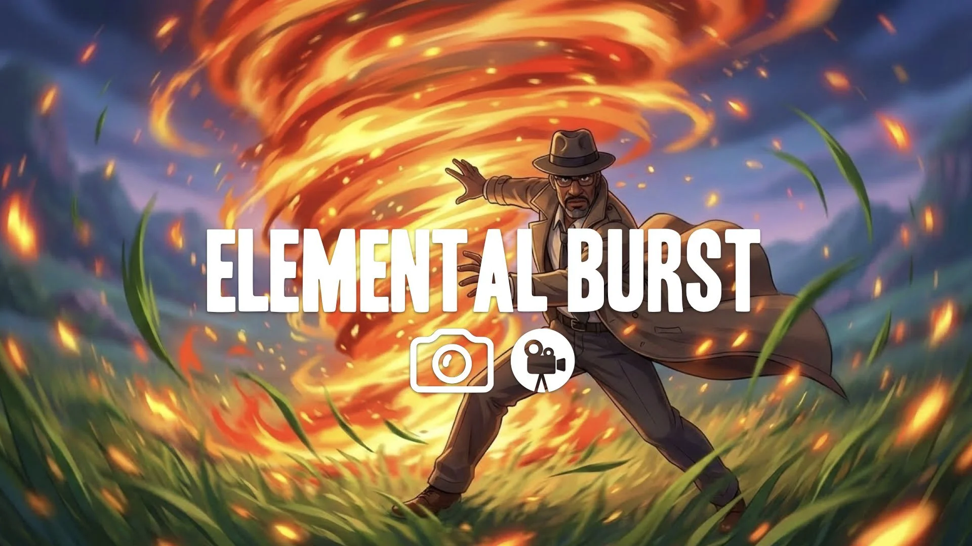 Anime character unleashing a fire tornado, camera spins around them, vibrant particle effects, lush green grass swaying in wind. No music