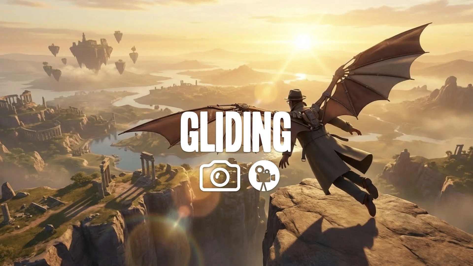 Third-person view gliding over a cliff edge at sunset, wings extended, vast fantasy landscape below, golden hour lighting, lens flare. No music