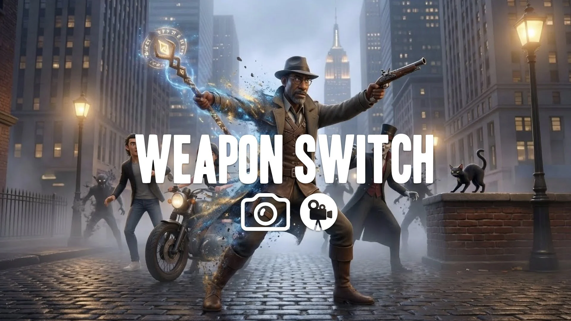 Character switching weapons mid-combo, magical particles dissolving and reforming, striking a pose, enemies reacting in background. No music