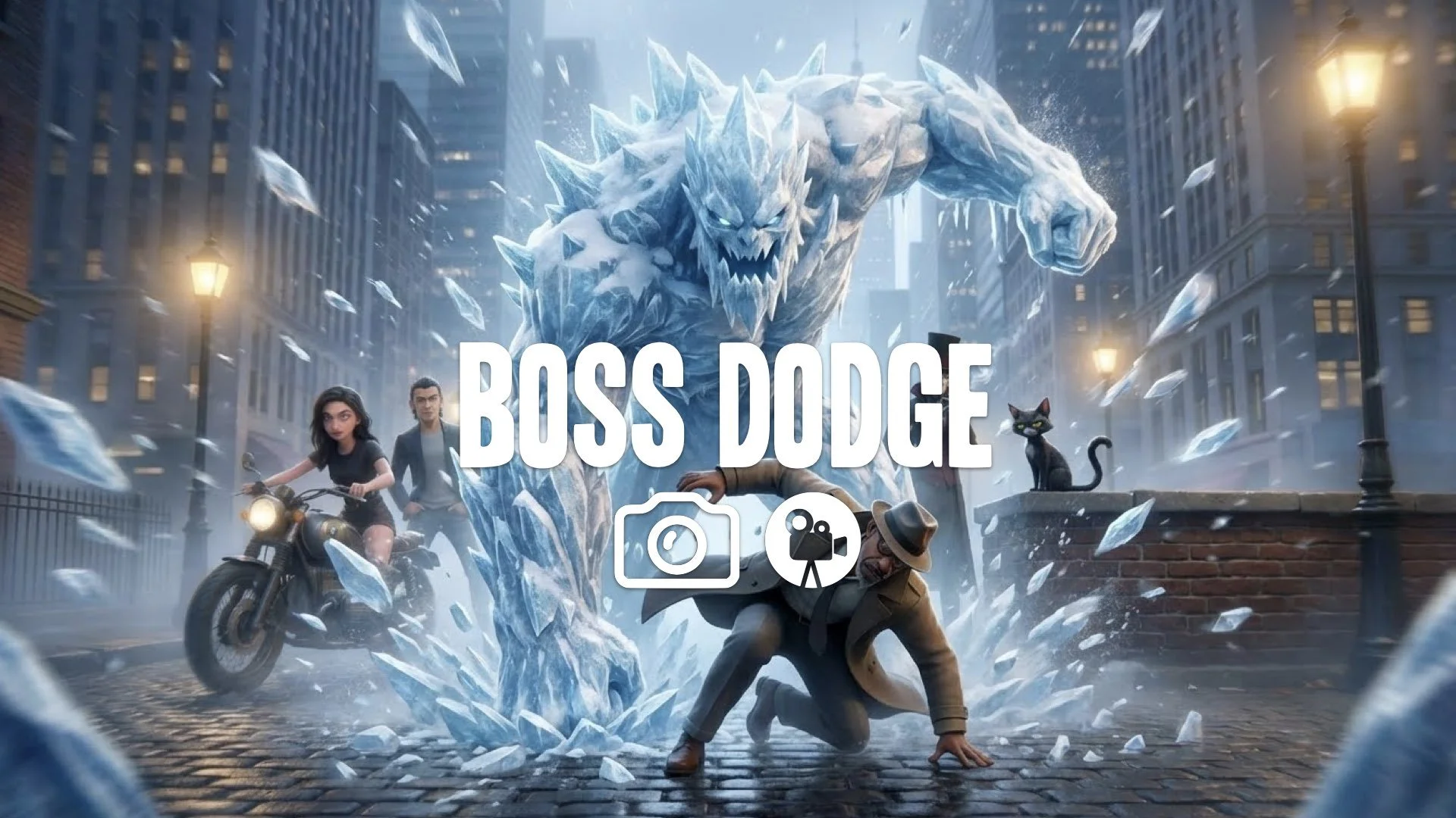 Perfect dodge roll away from a massive ice monster’s slam, slow-motion effect, ice shards scattering, dynamic action camera. No music