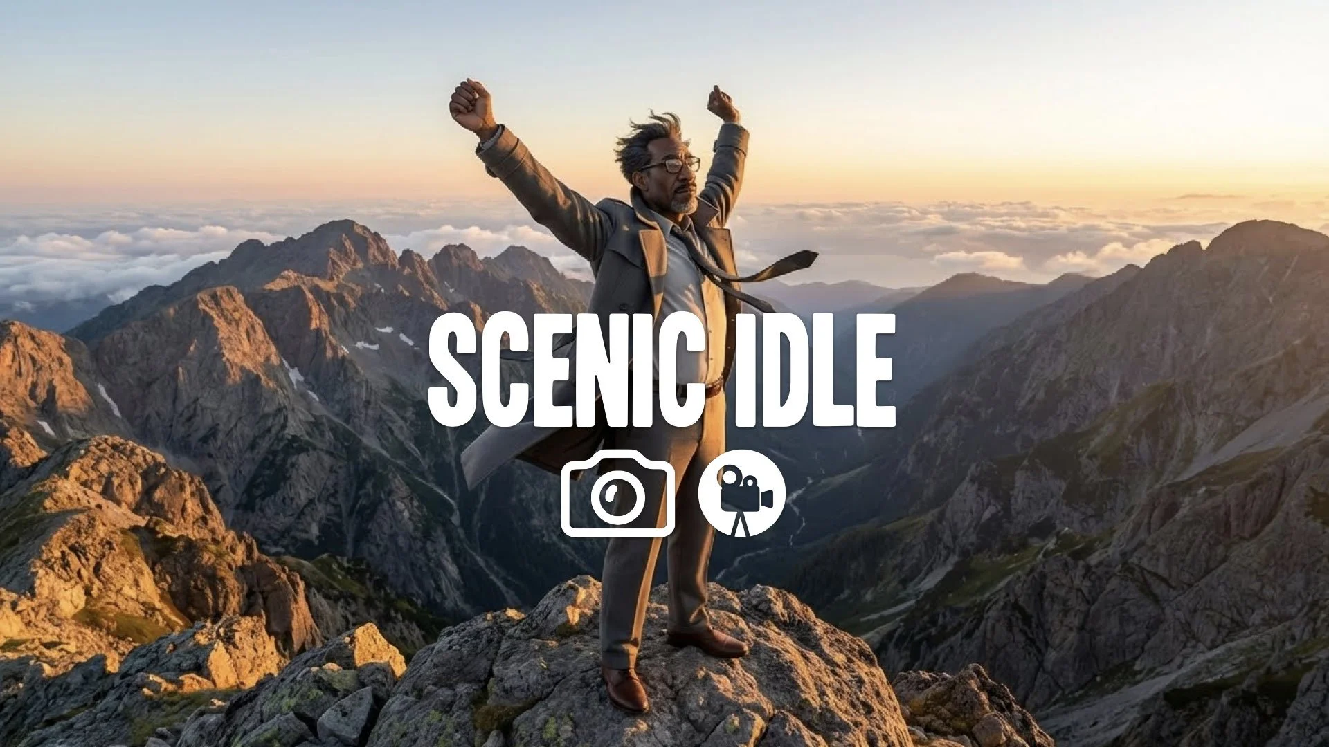 Character standing on a mountain peak, camera panning slowly around, idle animation stretching, wind blowing through hair and clothes. No music