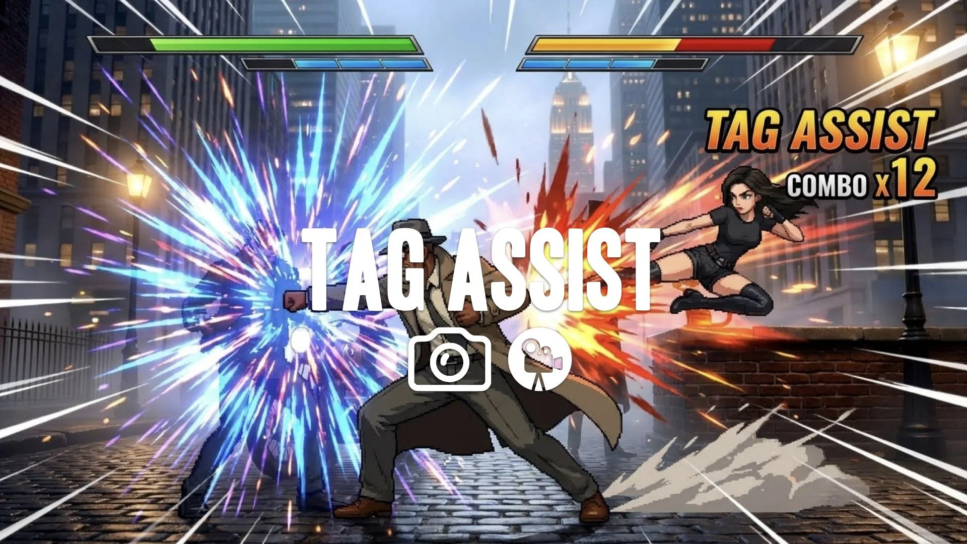 Main character fighting while support character jumps in for an attack, chaotic screen filled with hit sparks, fast 2D fighting game pace. No music