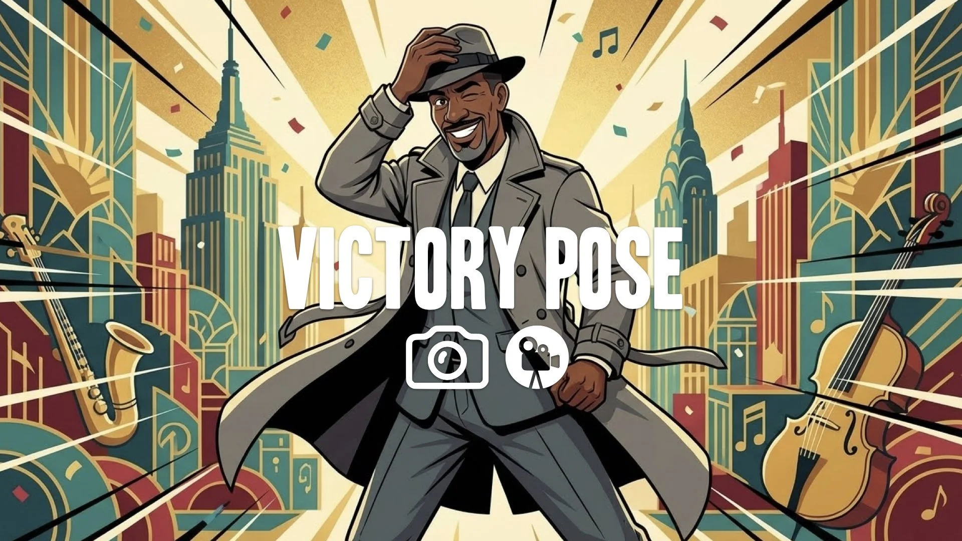 Stylish victory pose with jazzy art deco background, character winking at camera, crisp 2D lines, vibrant color palette. No music