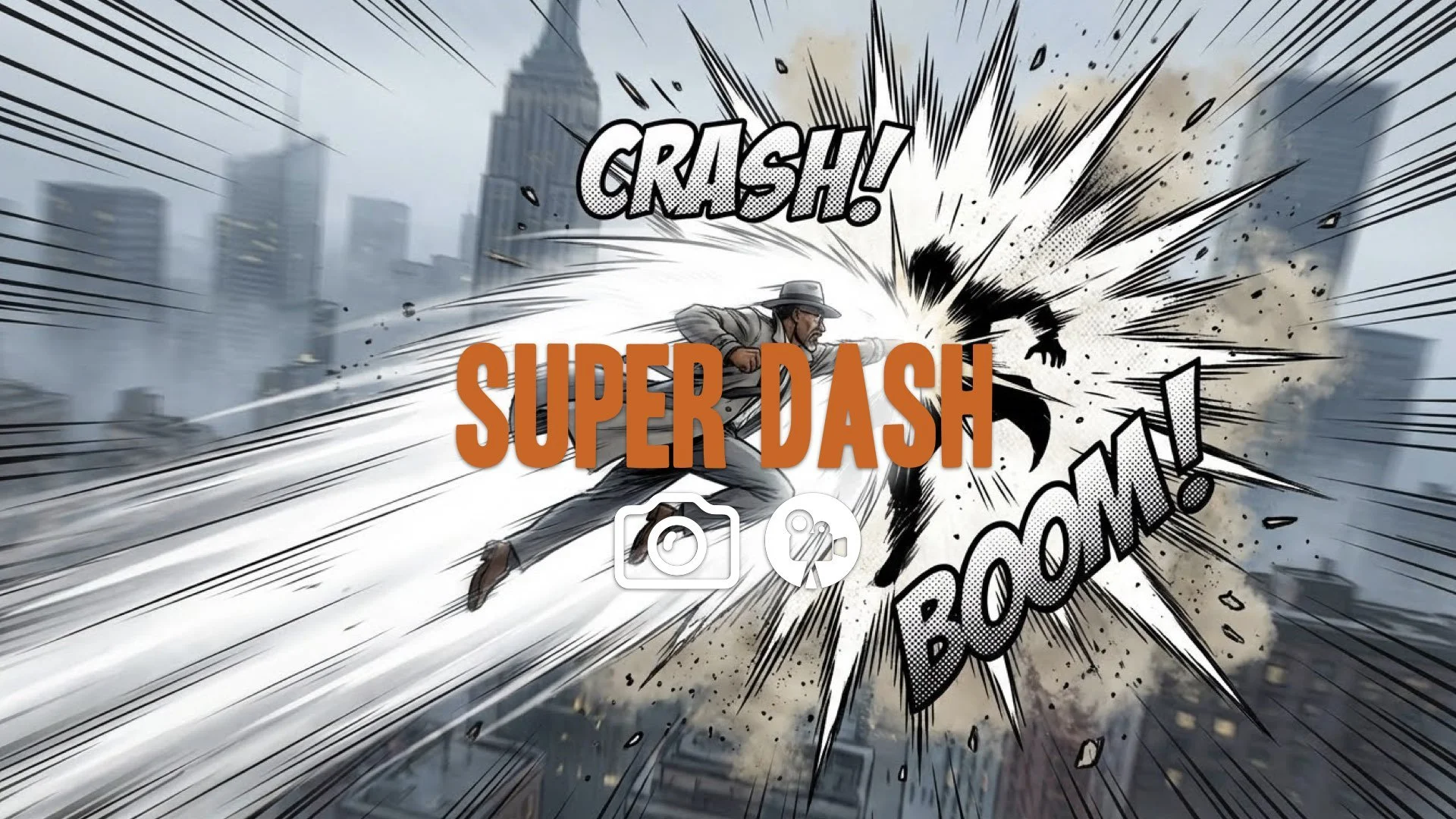 Character flying at high speed with white aura, motion blur lines, colliding with opponent in mid-air, 2.5D manga style shockwave. No music