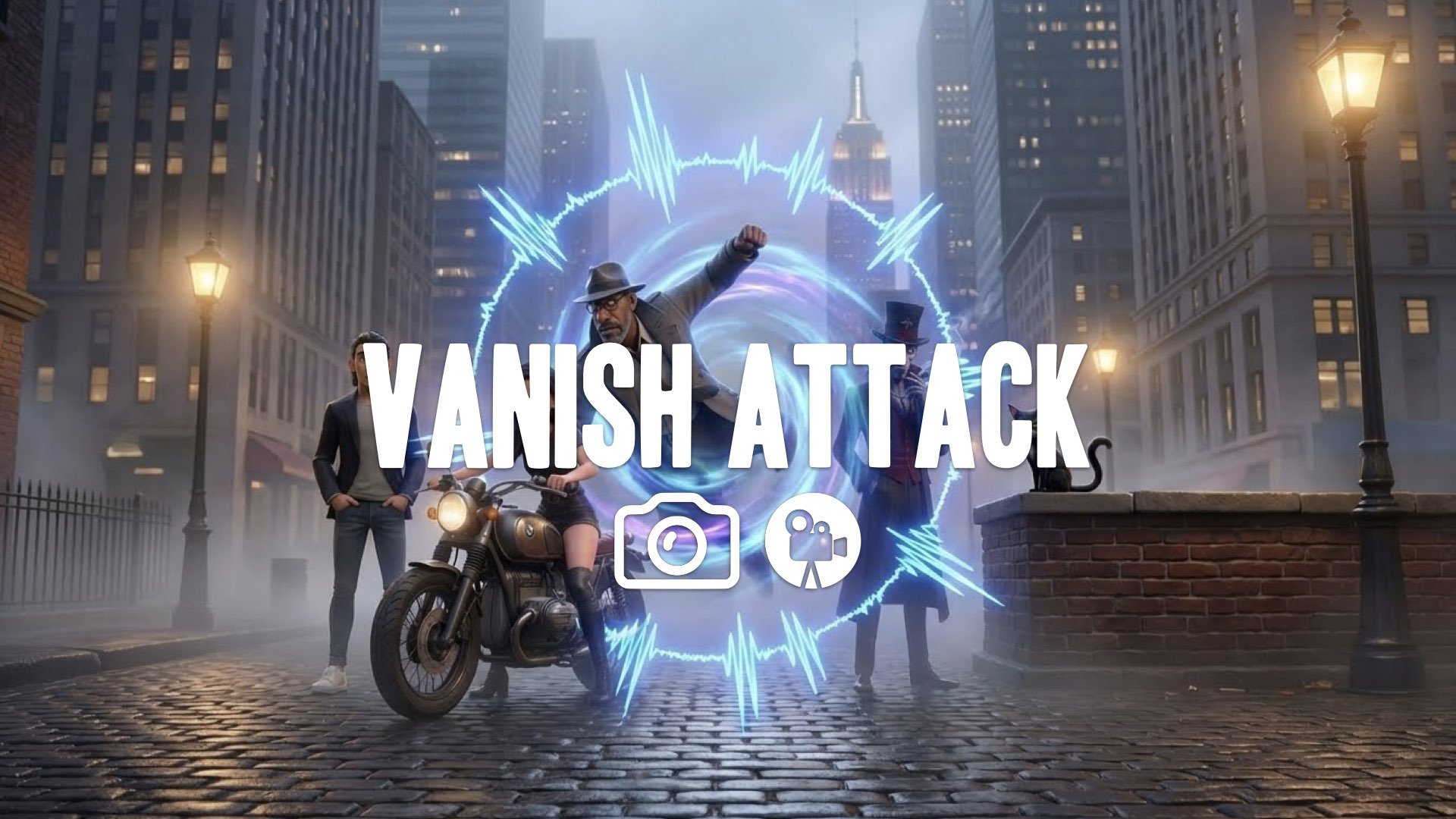 Character disappearing and teleporting behind opponent, distinctive sound visualizer effect, sudden strike, fast camera cut. No music