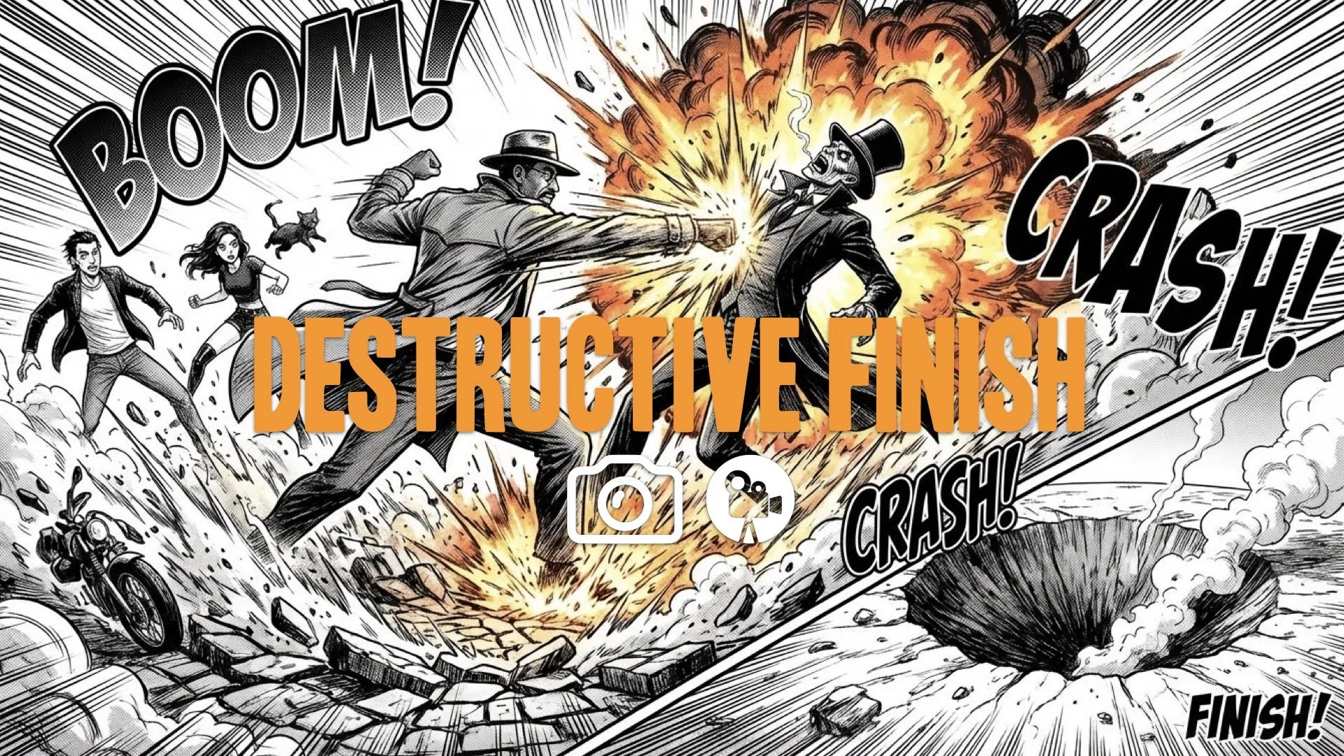 Final heavy attack hitting opponent, camera pans out to massive explosion crater on planet surface, cinematic manga finish. No music