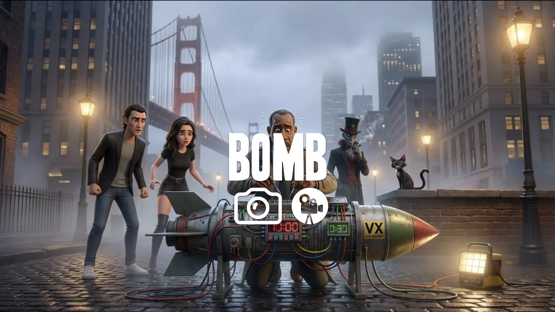 The chemist desperately defusing VX gas rocket in San Francisco. High stakes, intense lighting, no music.