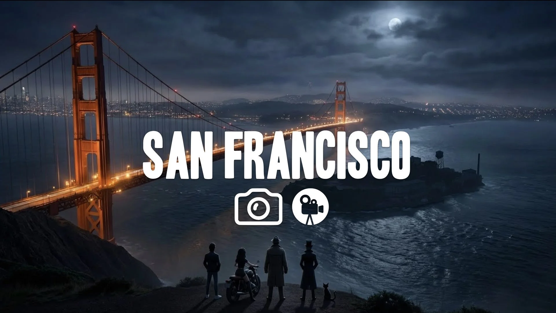 Wide, establishing night shot of the Golden Gate Bridge. Cinematic scale, no music.