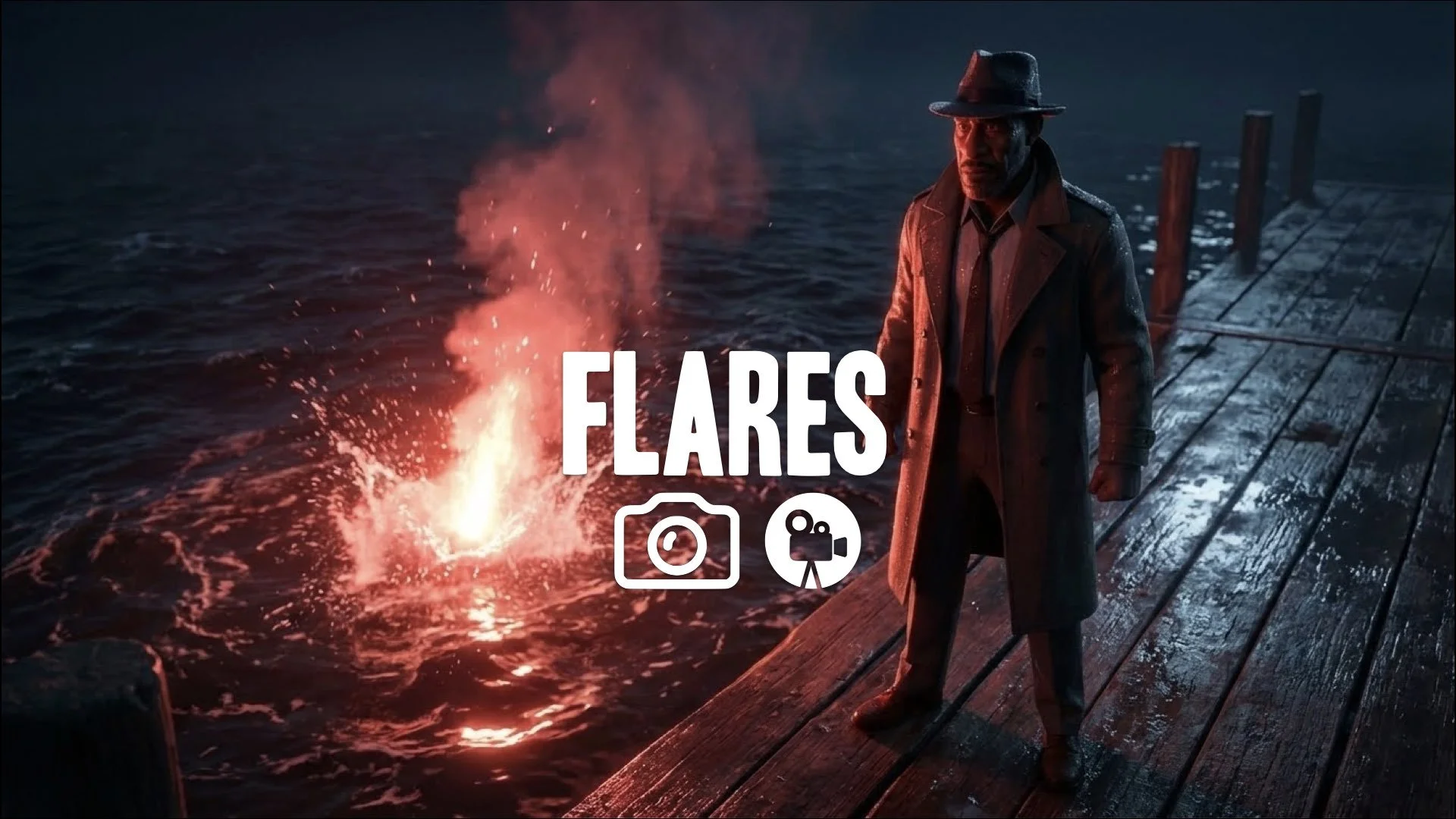Slow-motion shot of a flare hitting the water, casting a dramatic shadow on the man’s face. Wet surfaces, no music.