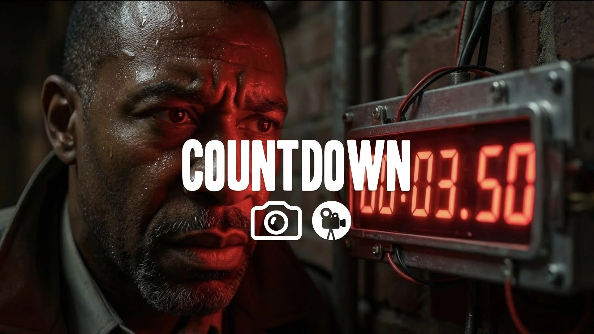 Extreme fast zoom on a countdown timer display, red light illuminating a sweat-covered face. Sharp focus, no music.