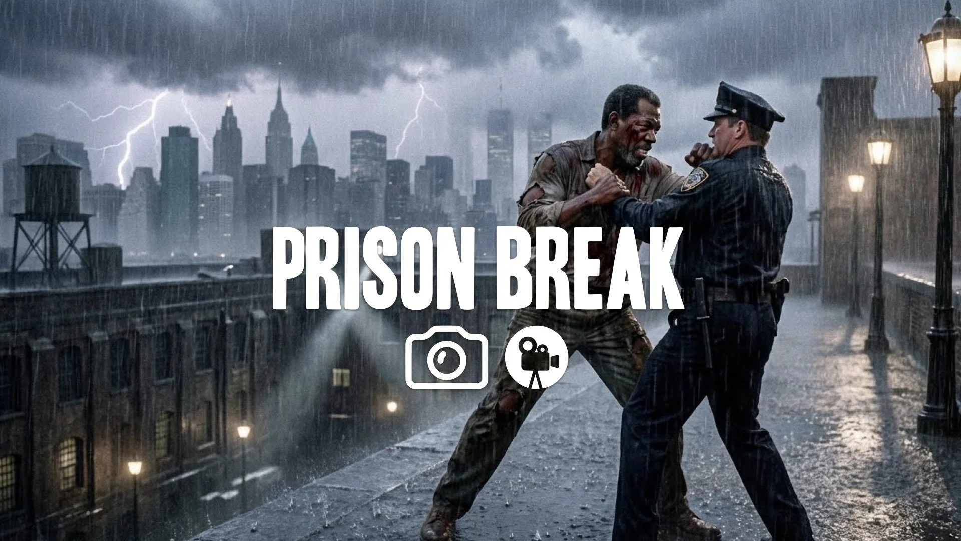 The escaped prisoner fighting on the prison rooftop in the rain. Gritty, 90s action cinematography, no music.