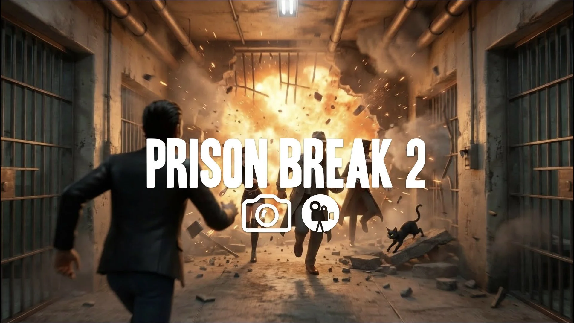 Shaky-cam, subjective POV running through prison hallways during a massive explosion. Chaos, orange light, no music.