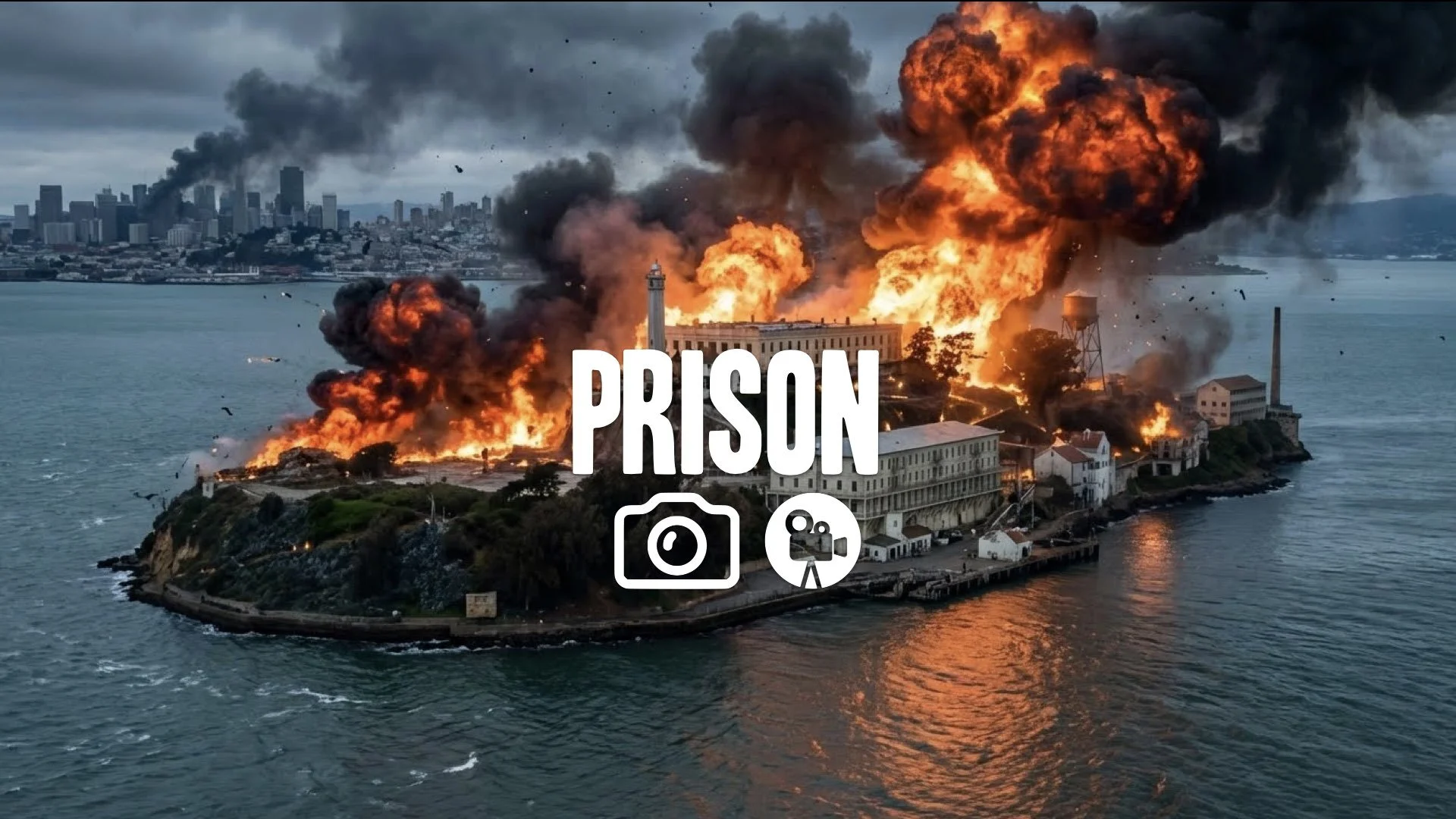 Explosions erupting city. Sweeping establishing shot, huge pyro effects, no music.