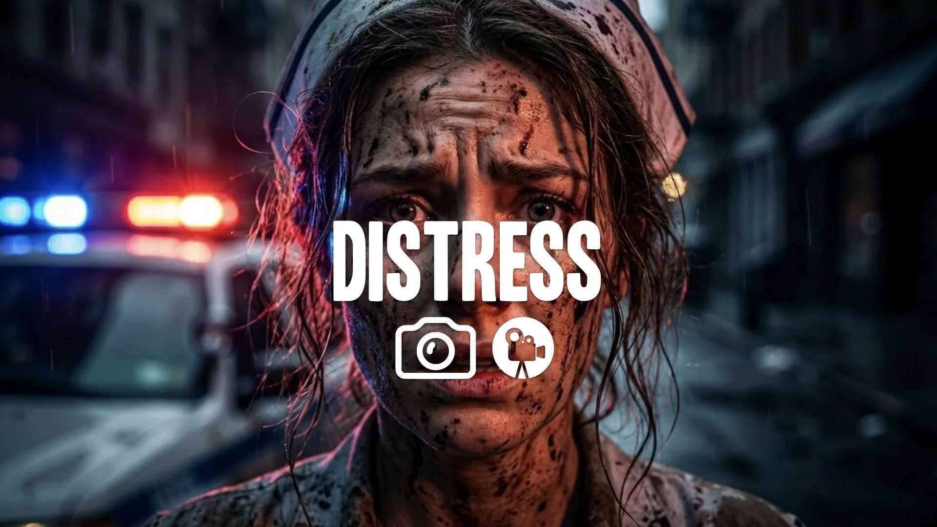 Close-up of a distressed nurse's face, splattered with mud and blood, illuminated by emergency light. High contrast, no music.