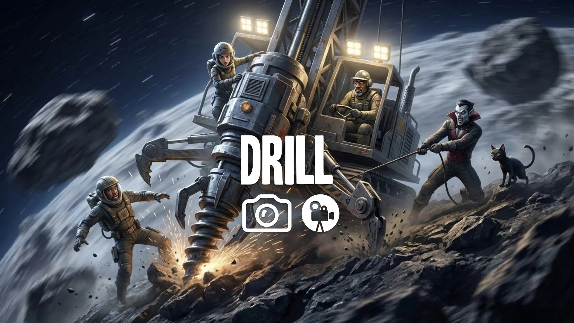 Drillers landing their rig on the rapidly spinning asteroid surface. Sci-fi action, tight framing, no music.