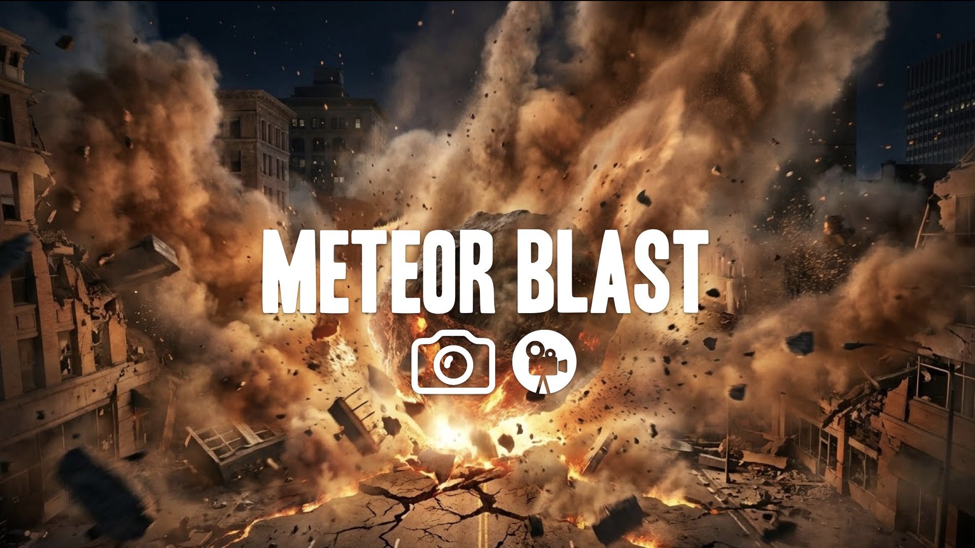 A giant, city-destroying chunk of meteorite slamming into the Earth. Epic destruction, dust cloud, extreme close-up, no music.