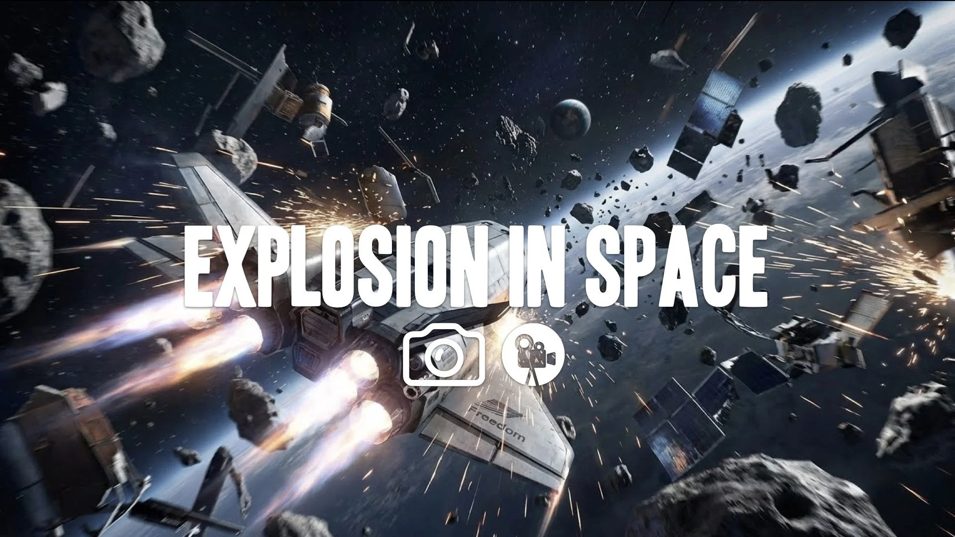 The shuttle Freedom weaving through a dense field of space debris. High-speed CGI effects, intense POV, no music.