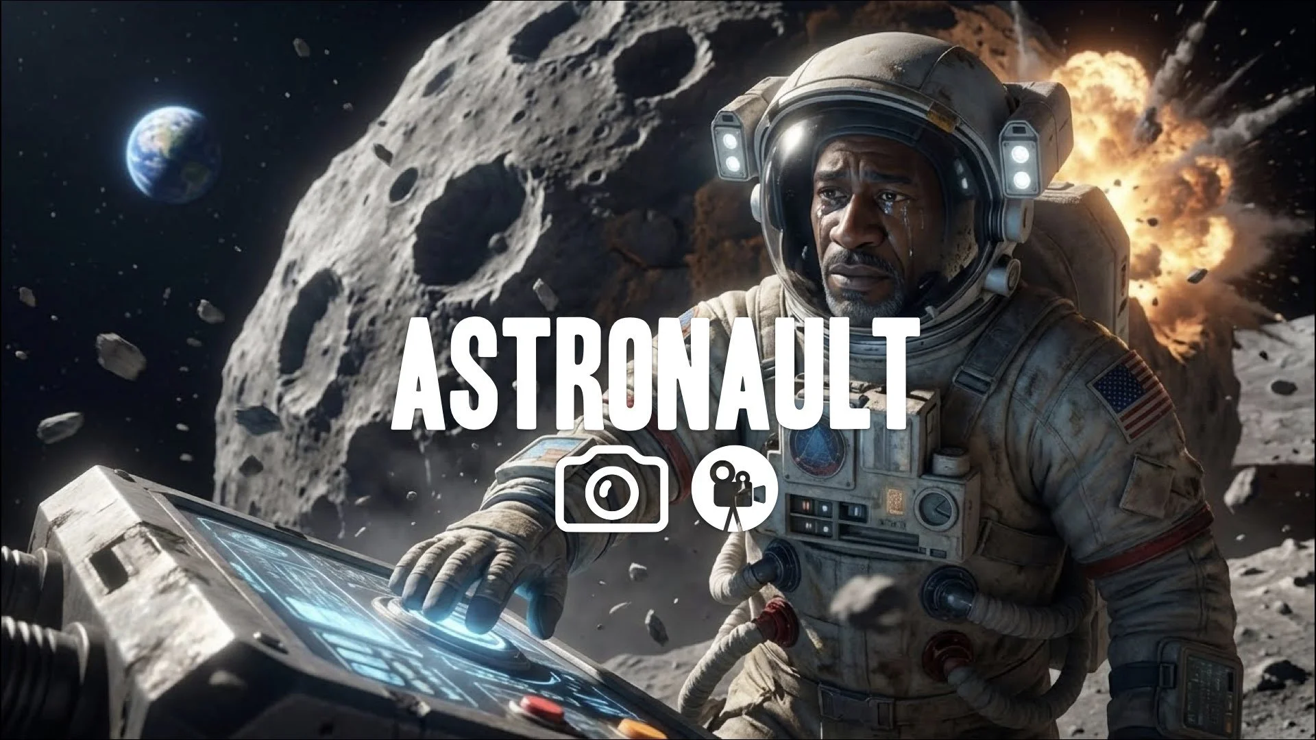 The Astronault team leader's final, emotional farewell moments on the asteroid. Slow motion, dramatic sacrifice, no music.