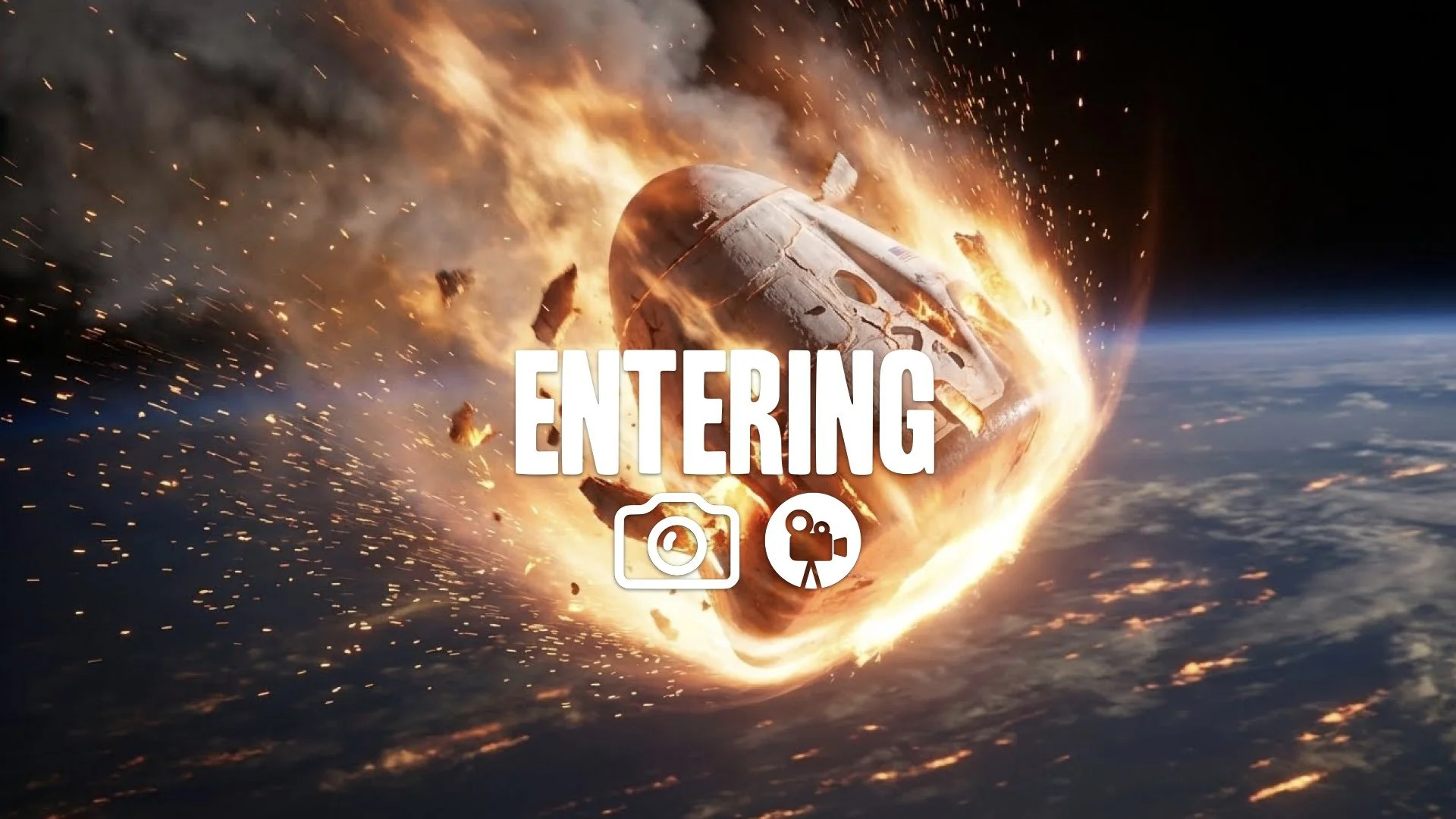 Slow-motion shot of a spacecraft tearing apart upon re-entry, small sparks catching the light. Fire, smoke, intense detail, no music.