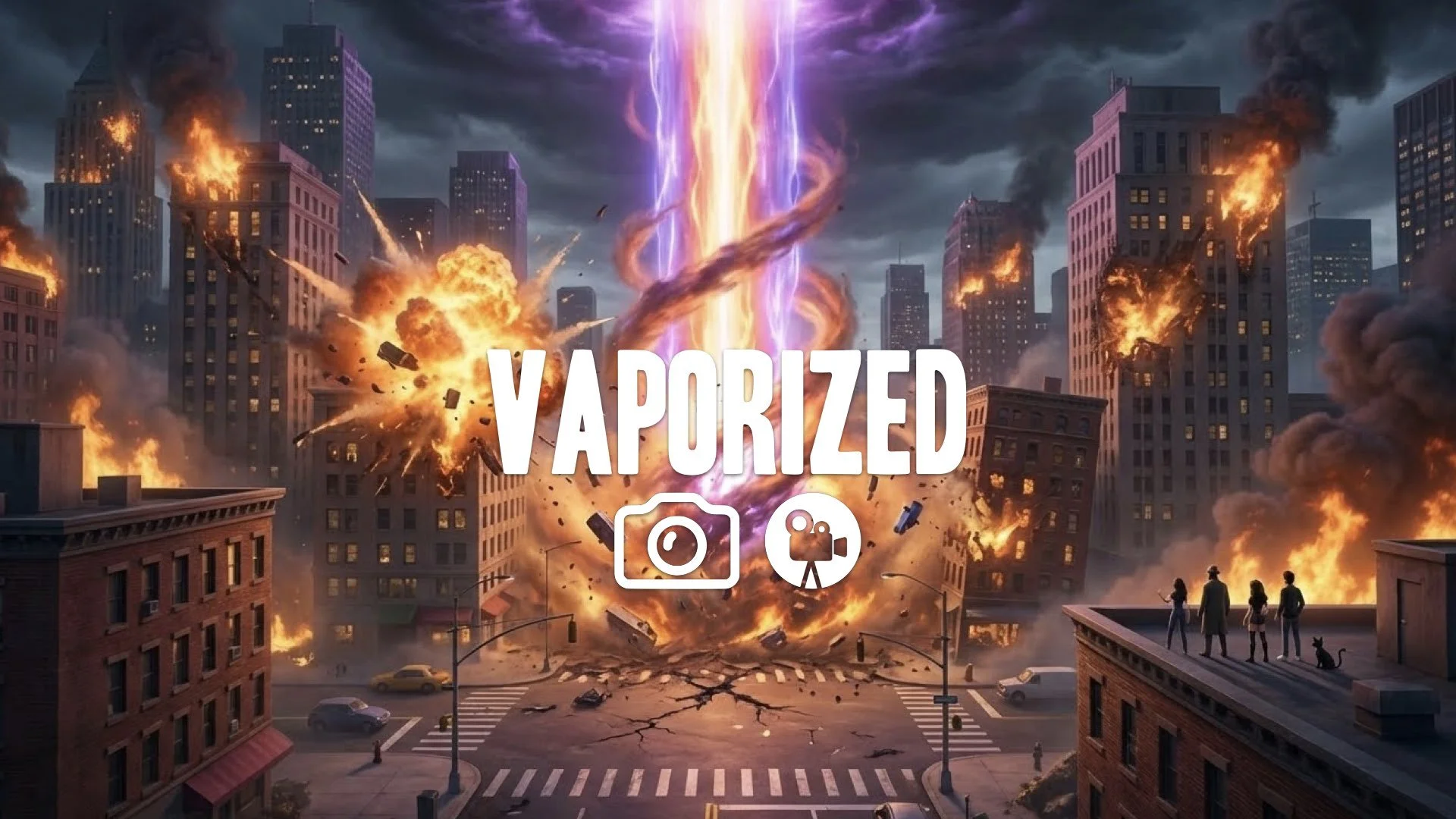 Wide shot of a street intersection being completely vaporized by a Decepticon energy blast. Massive explosion, fire, no music.