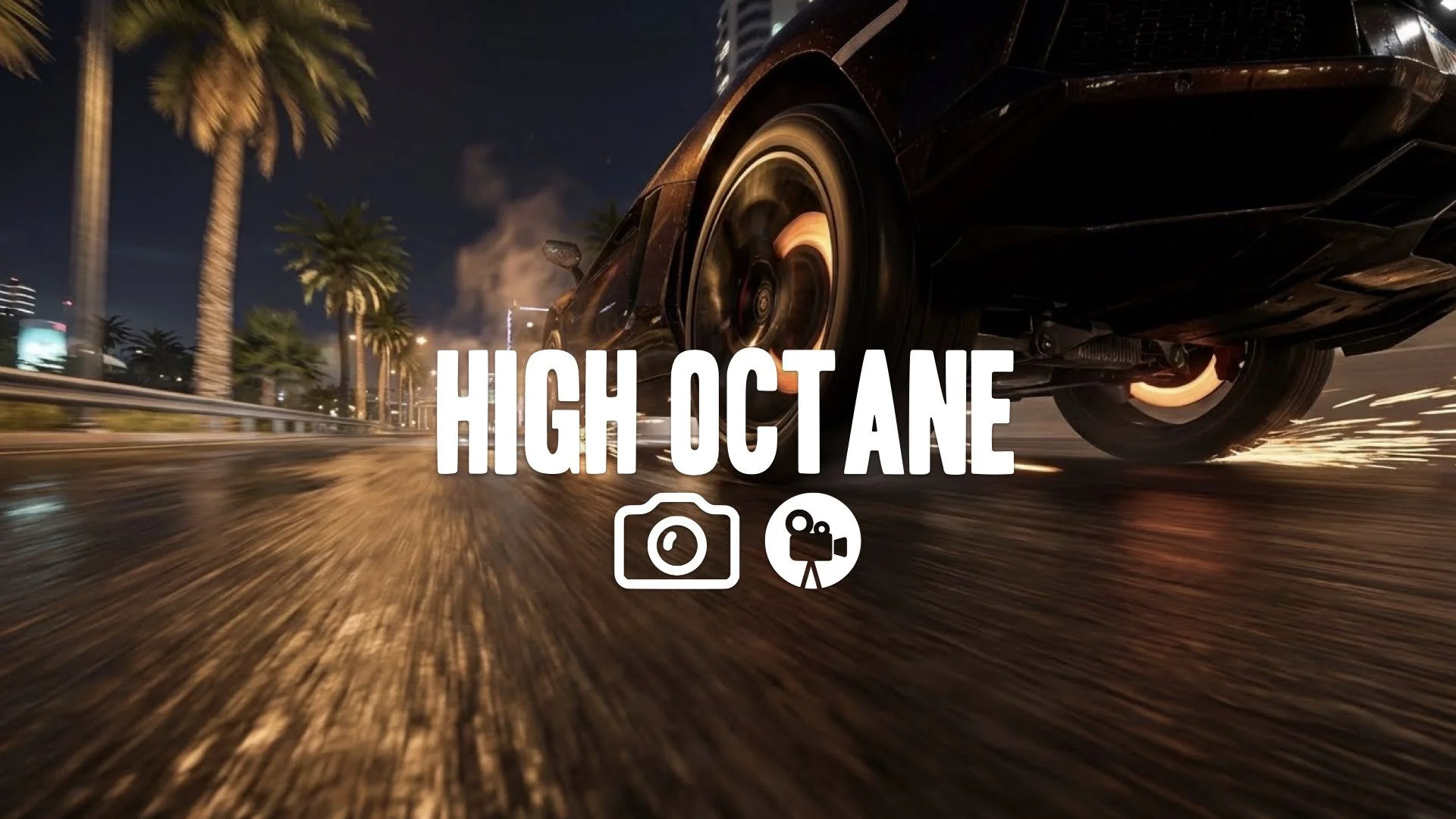Extreme low-angle tracking shot beneath a speeding sports car on a palm-tree-lined highway. High velocity, no music.