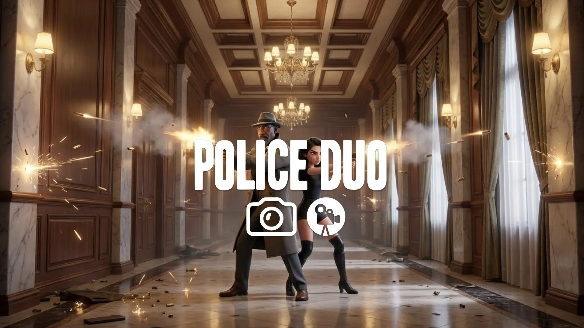 Two detectives standing back-to-back in an expensive, symmetrical hallway during a gunfight. Wide angle, perfect focus, no music.