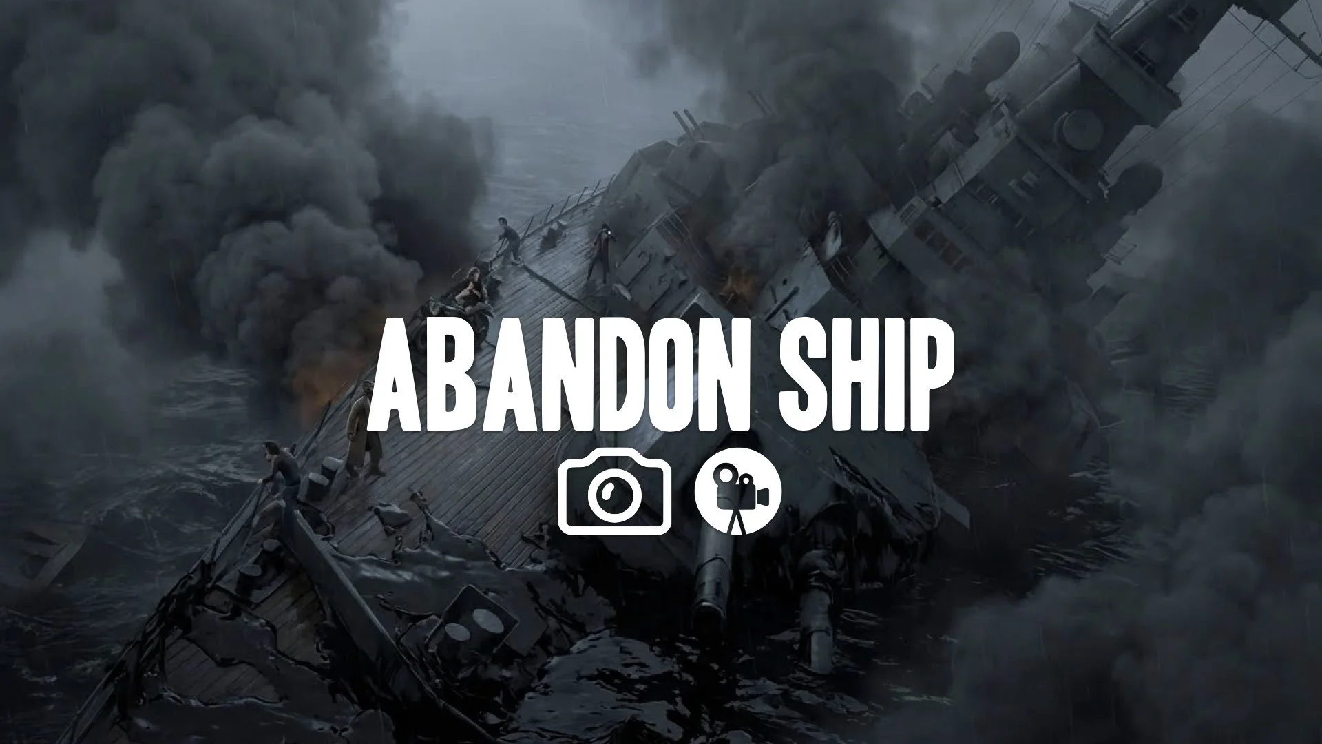 High-angle crane shot looking down onto a sinking battleship deck filling with black oil and smoke. Somber mood, no music.