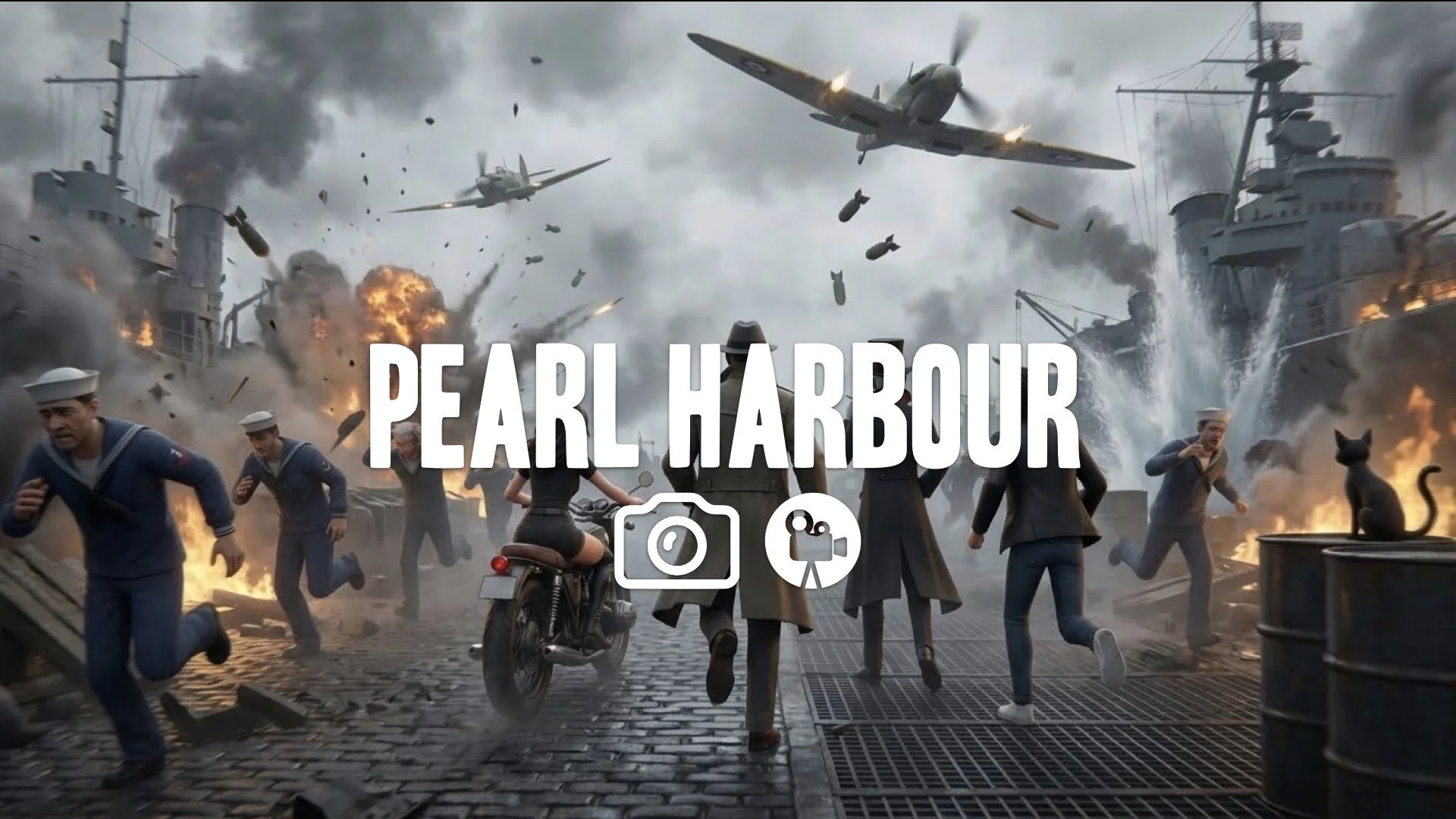 Handheld, immersive POV running through a chaos-filled naval base during the air raid. Smoke, desperate action, no music.
