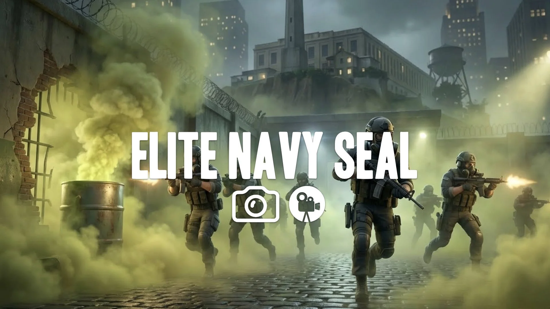 Elite Navy SEAL team storming Alcatraz prison; toxic gas canister leak. Cinematic action sequence, wide shot, no music.