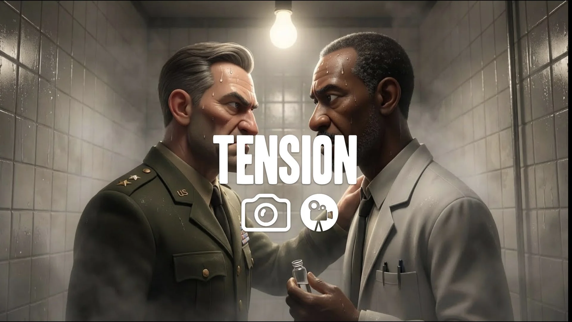 A tense confrontation between a scientist and General in the lab. Dramatic close-up, sweat, dramatic lighting, no music.