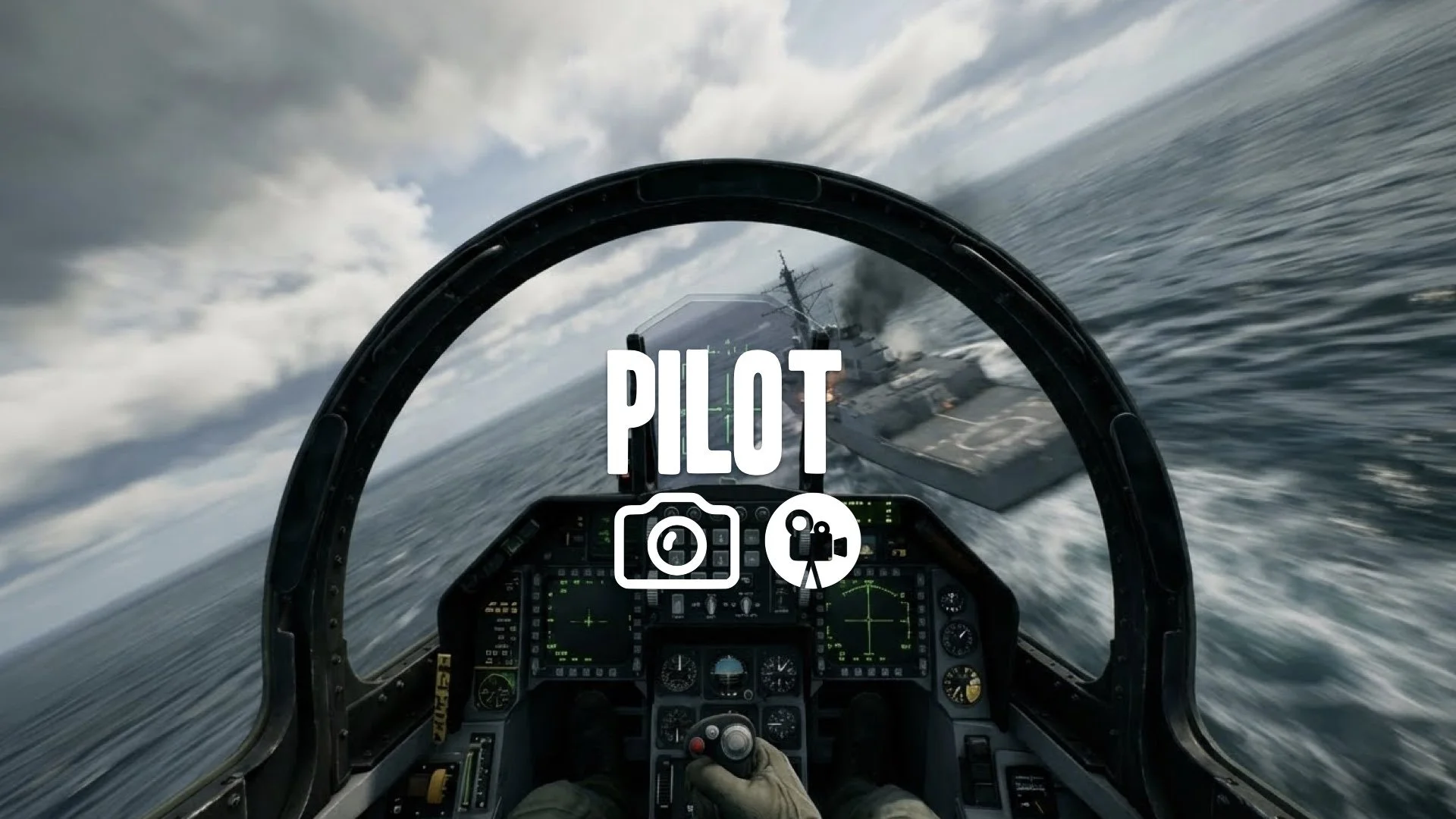 Pilot POV through the crosshairs of a fighter plane, rapidly closing in on a target ship. Aerial action, frantic movement, no music.