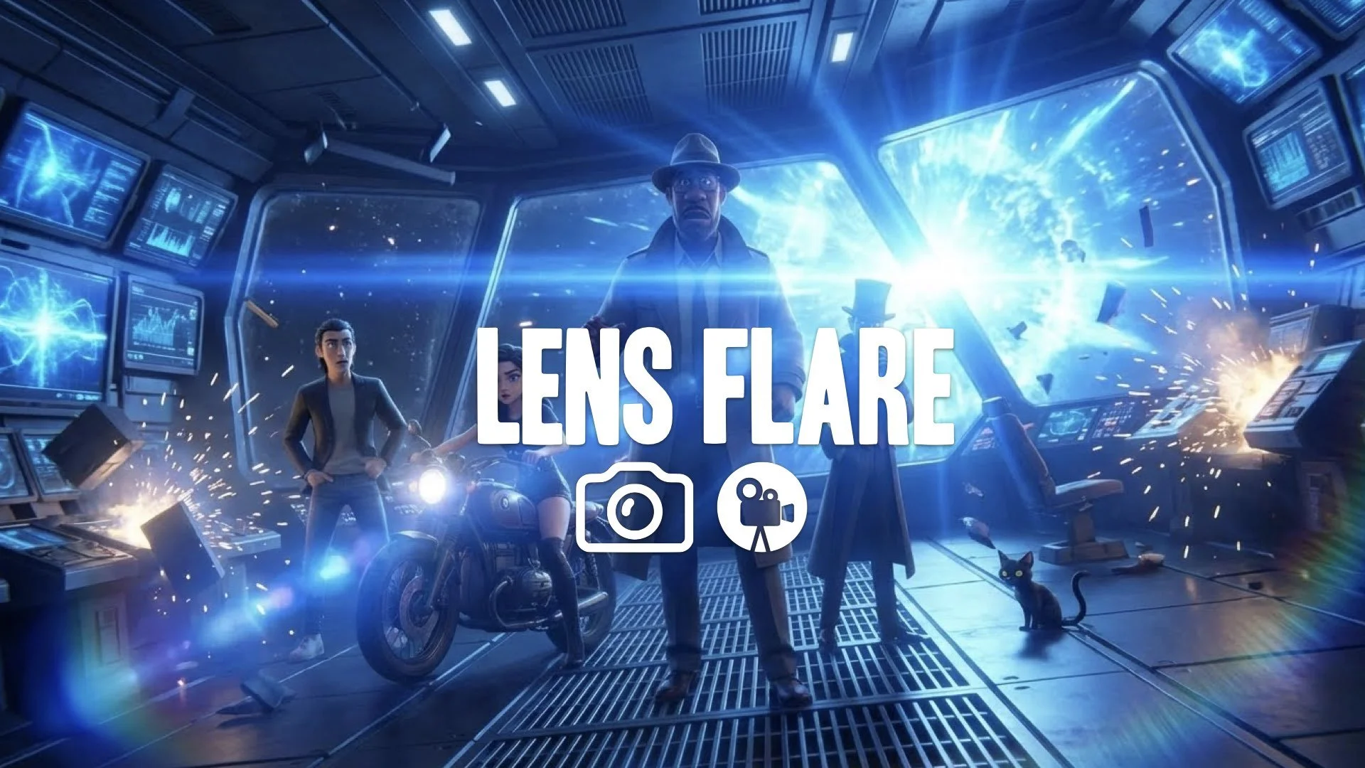 Extreme lens flare bursting from the camera as the starship bridge is hit. Bright blue light, Dutch angle, no music.