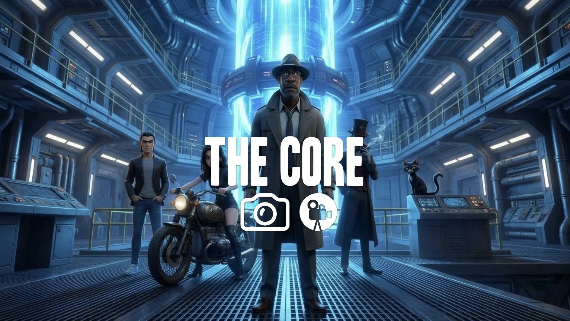 Low-angle, wide shot of the Enterprise warp core chamber, vast scale, bright blue lighting. Sci-fi aesthetic, no music.