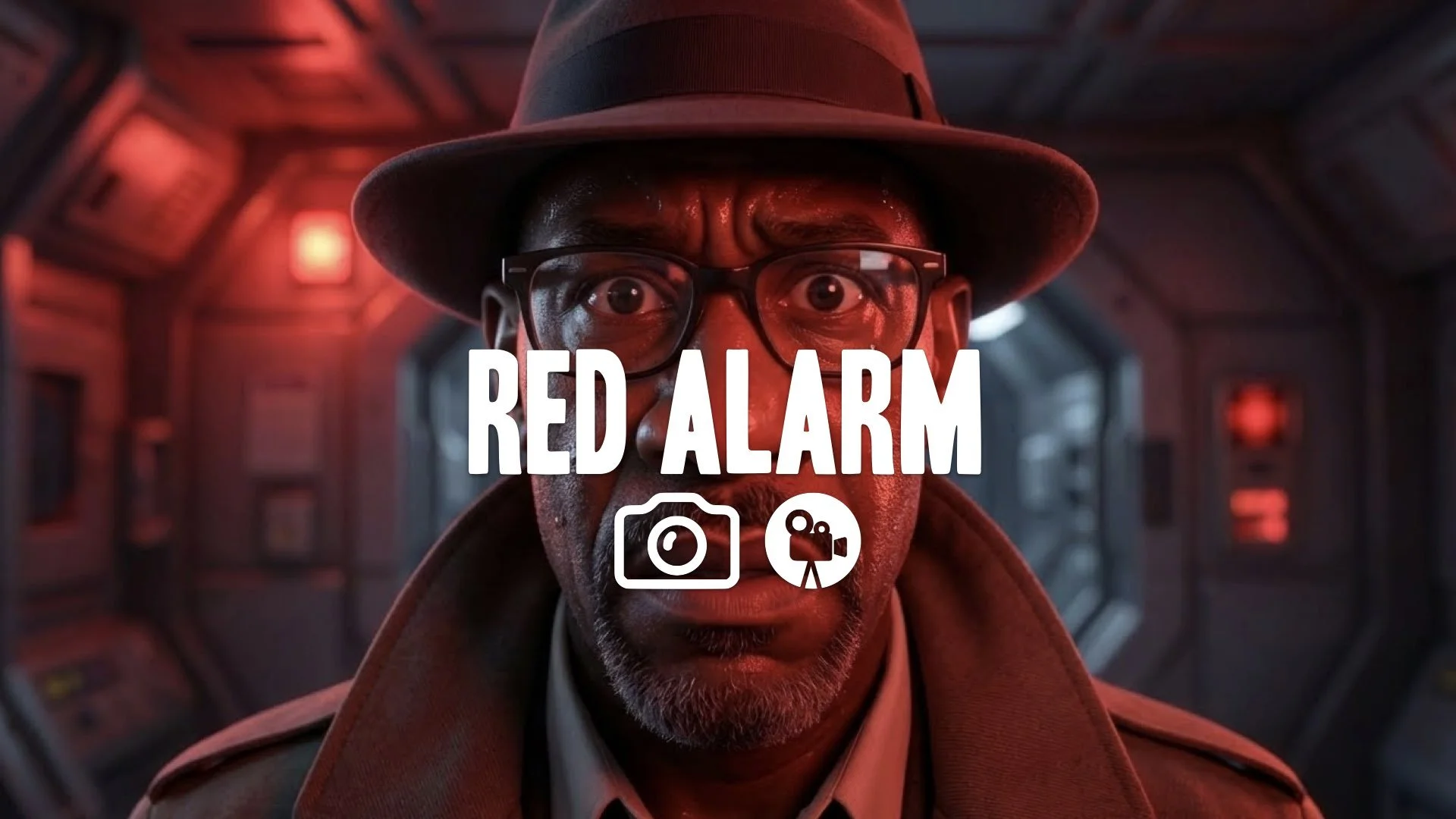Close-up of a main character's face, bathed in the red emergency light of the ship's alert. High tension, no music.