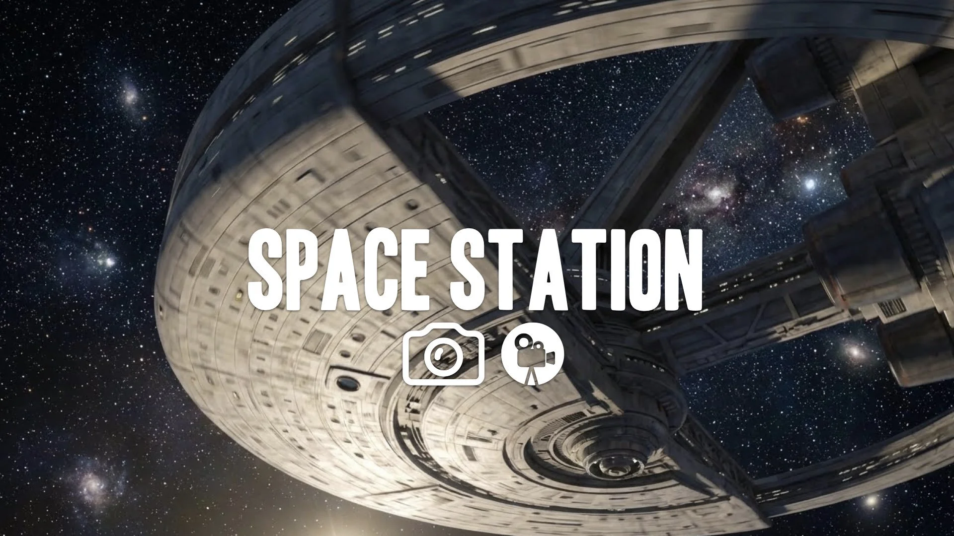 Cantilevered perspective of a ship's saucer section rotating, huge scale, surrounded by star field. Dramatic angle, no music.