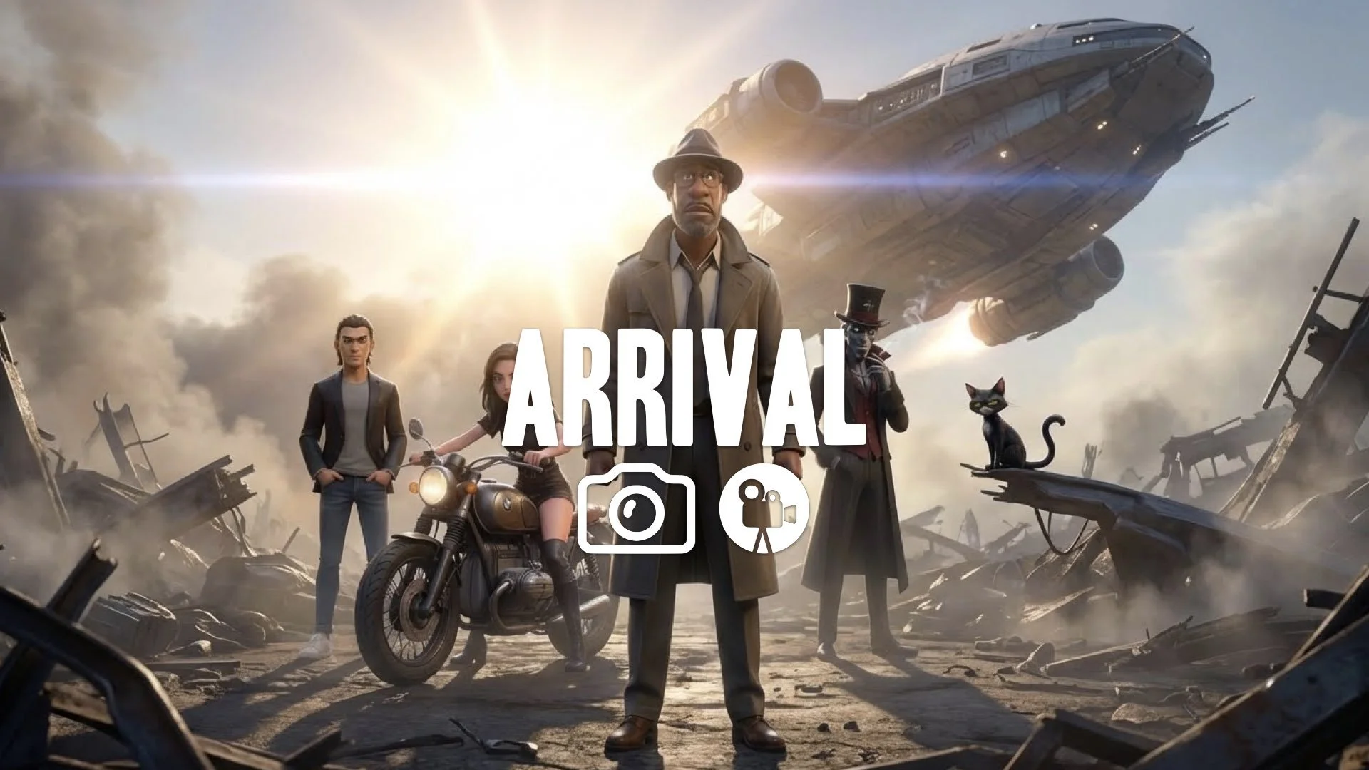 Massive lens flare obscures the sun as the Space ship escapes, banking hard over wreckage. Epic scale, no music.