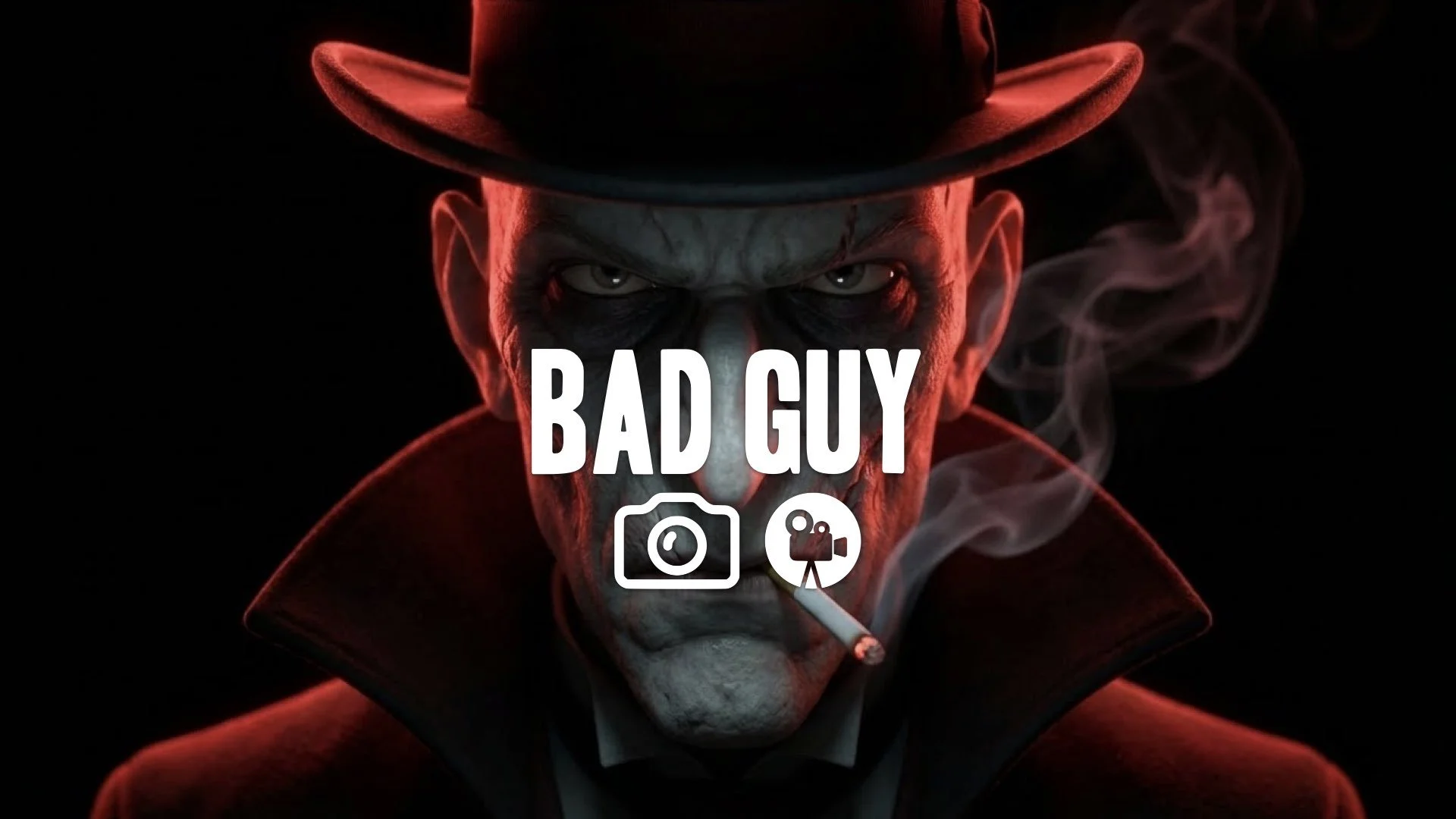 Ultra-tight close-up on a villain's face, illuminated only by a blinking, red desk lamp. Suspense, high contrast, no music.