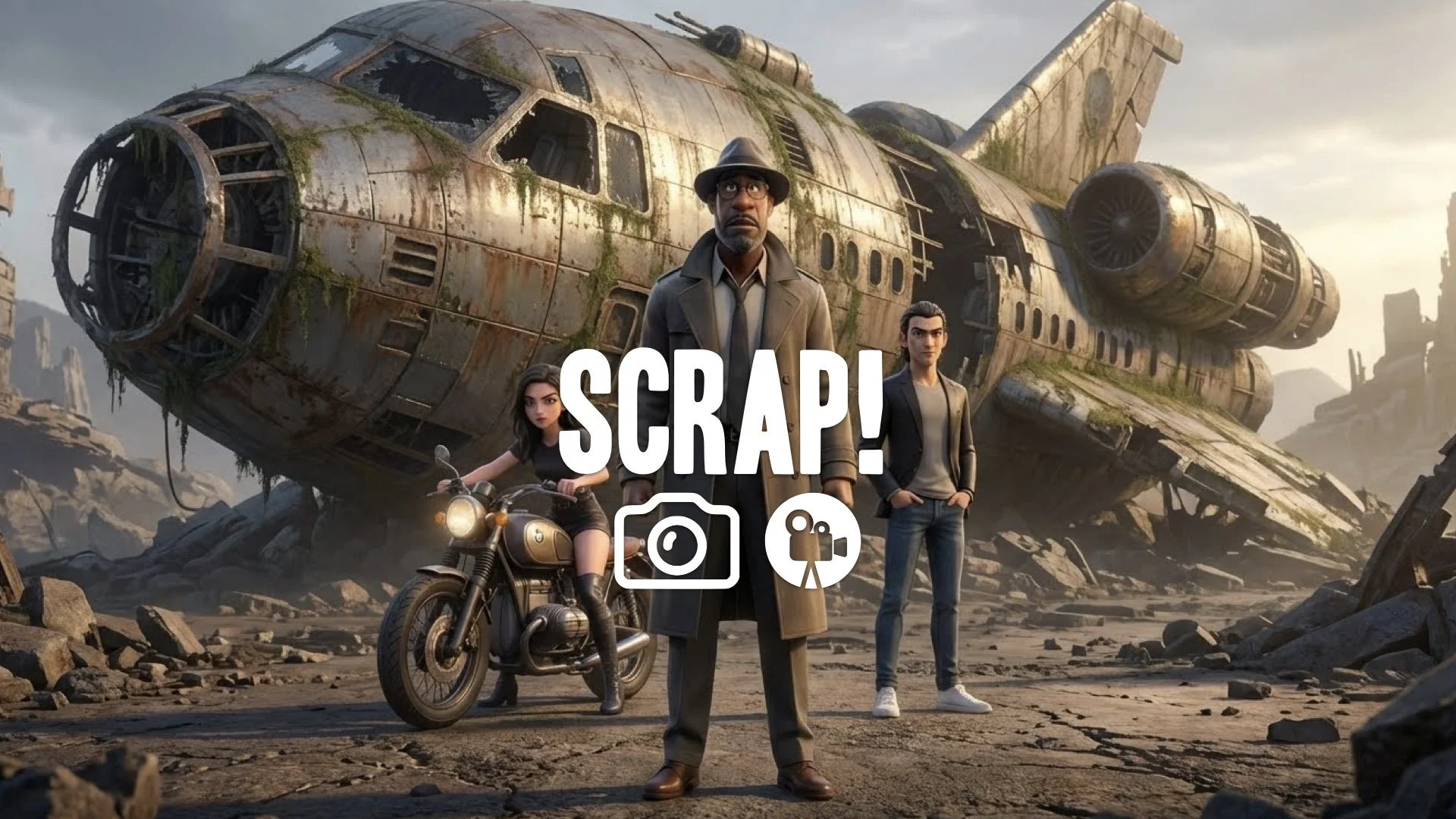 Symmetrical two-shot of the heroes standing in front of a giant, ruined Star Ship. Vast landscape, epic lighting, no music.