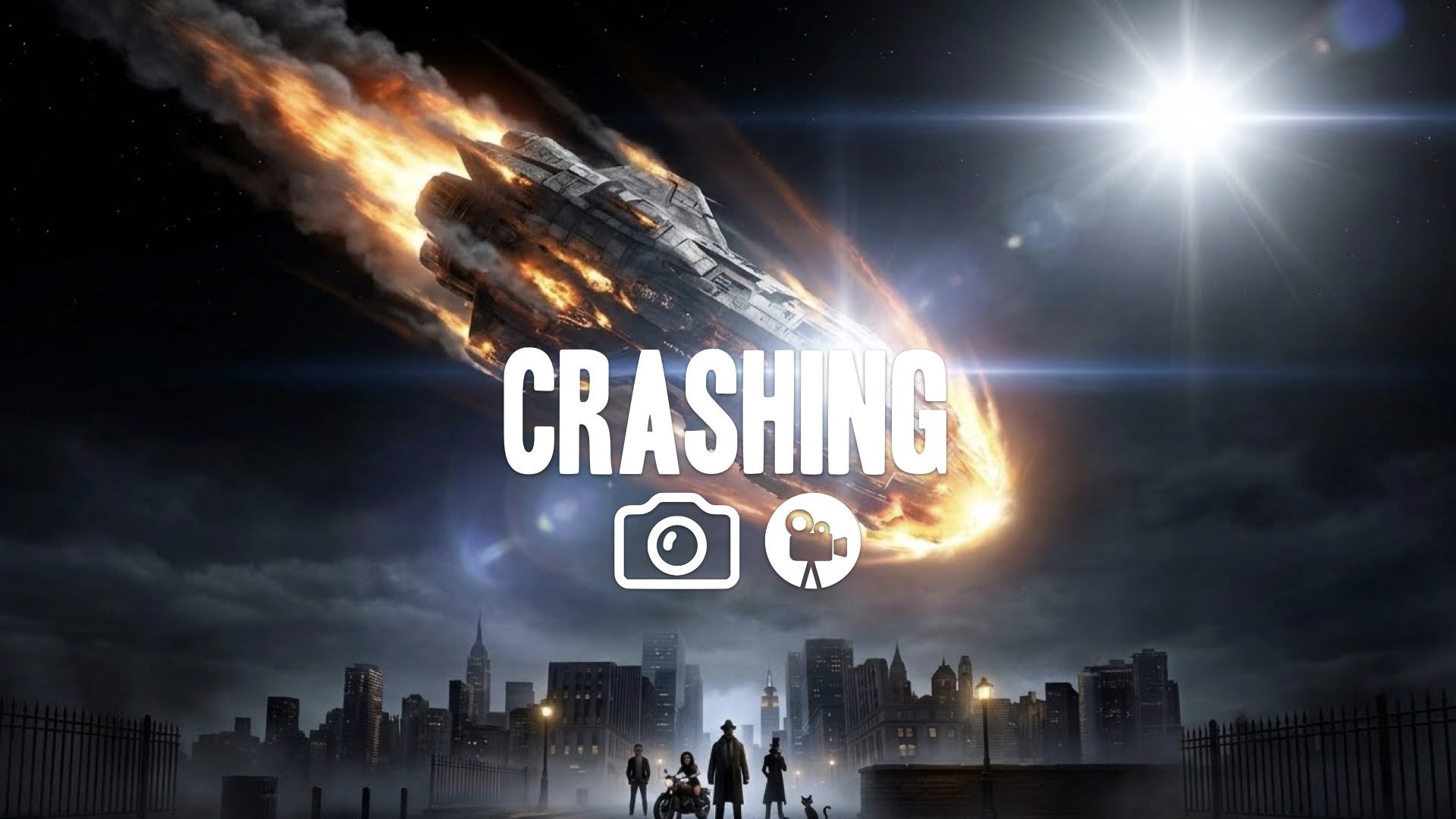 Extreme wide shot of the starship plunging toward Earth, lens flare dominates the black sky. Doomed angle, no music.