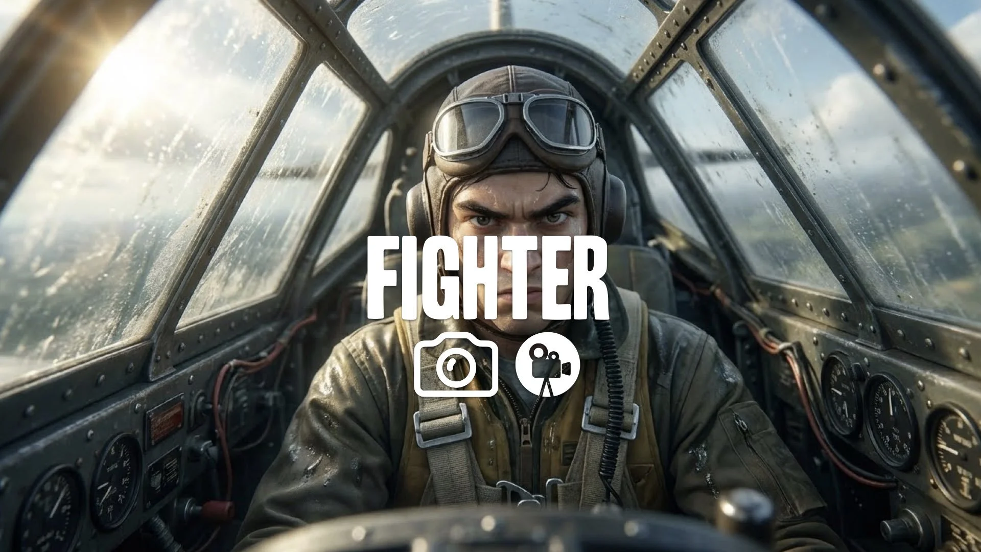 Dutch angle close-up on a young pilot's determined face inside a noisy, small fighter cockpit. Intense focus, no music.