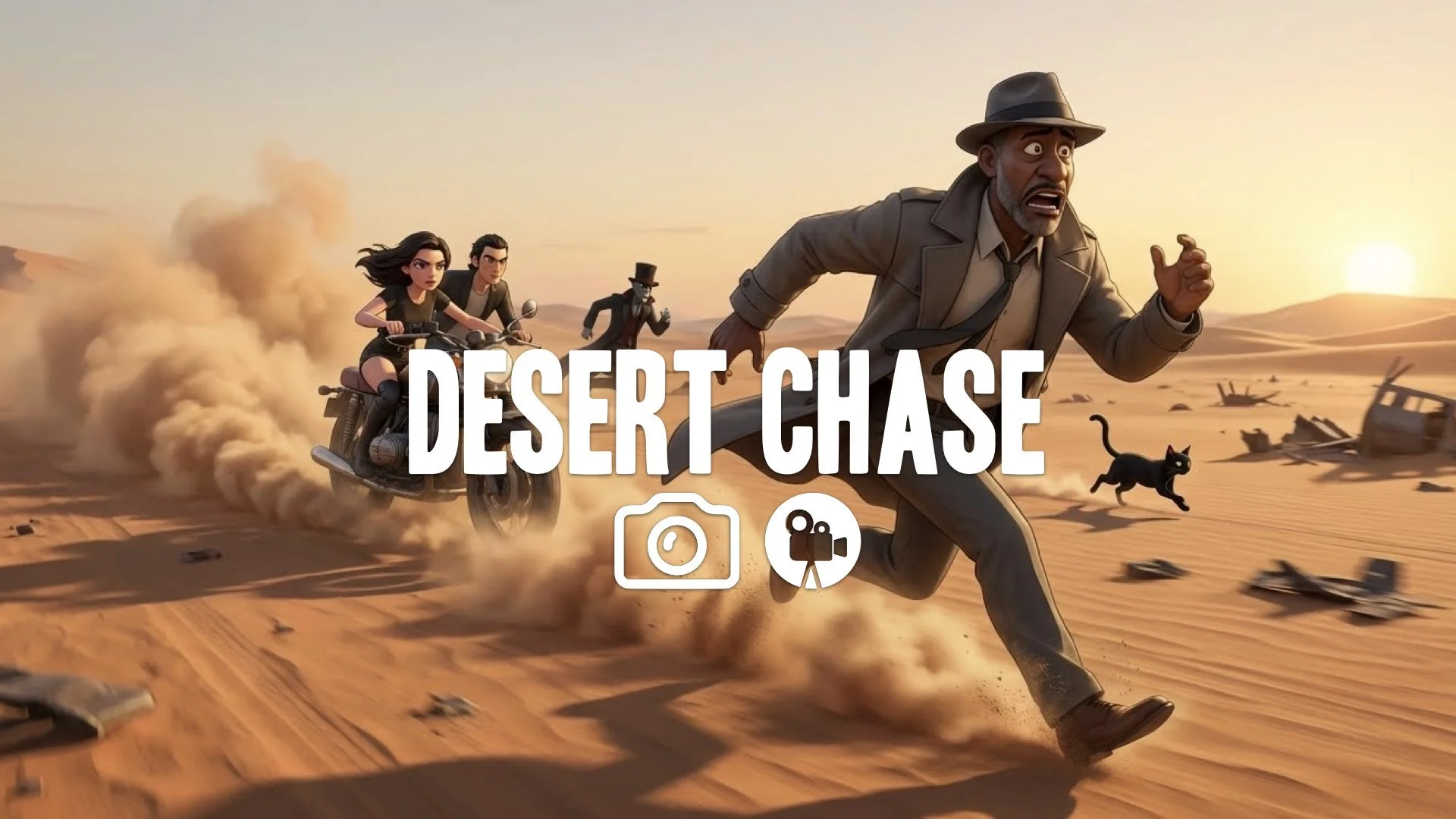 high-speed tracking shot following a frantic character across the desolate desert. Dust, low angle, no music.