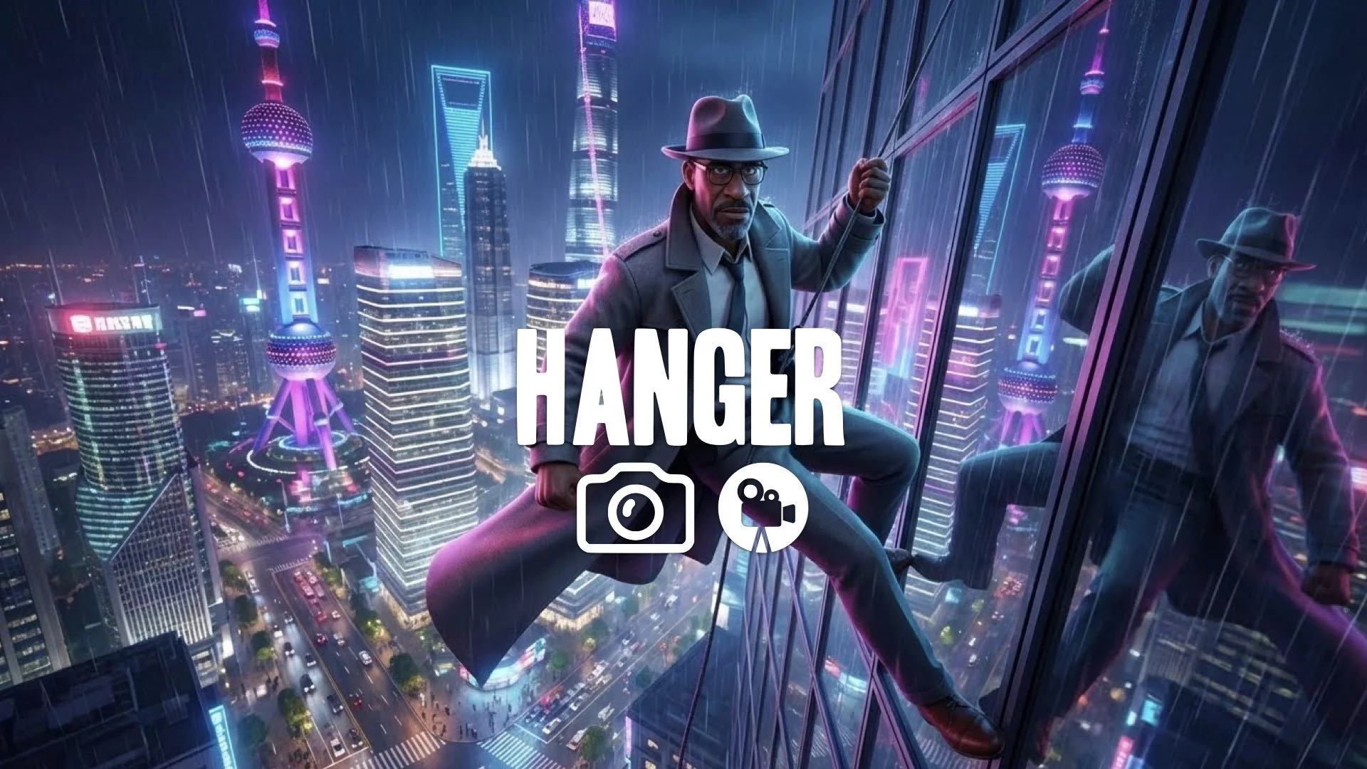 Fluid camera movement tracking a character rappelling down a skyscraper in Shanghai. Vertigo shot, neon glow, no music.