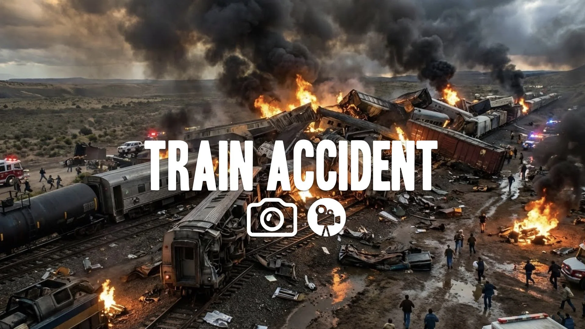 Low-angle wide shot of a massive train derailment, fire and wreckage everywhere. Spielbergian wonder, chaos, no music.