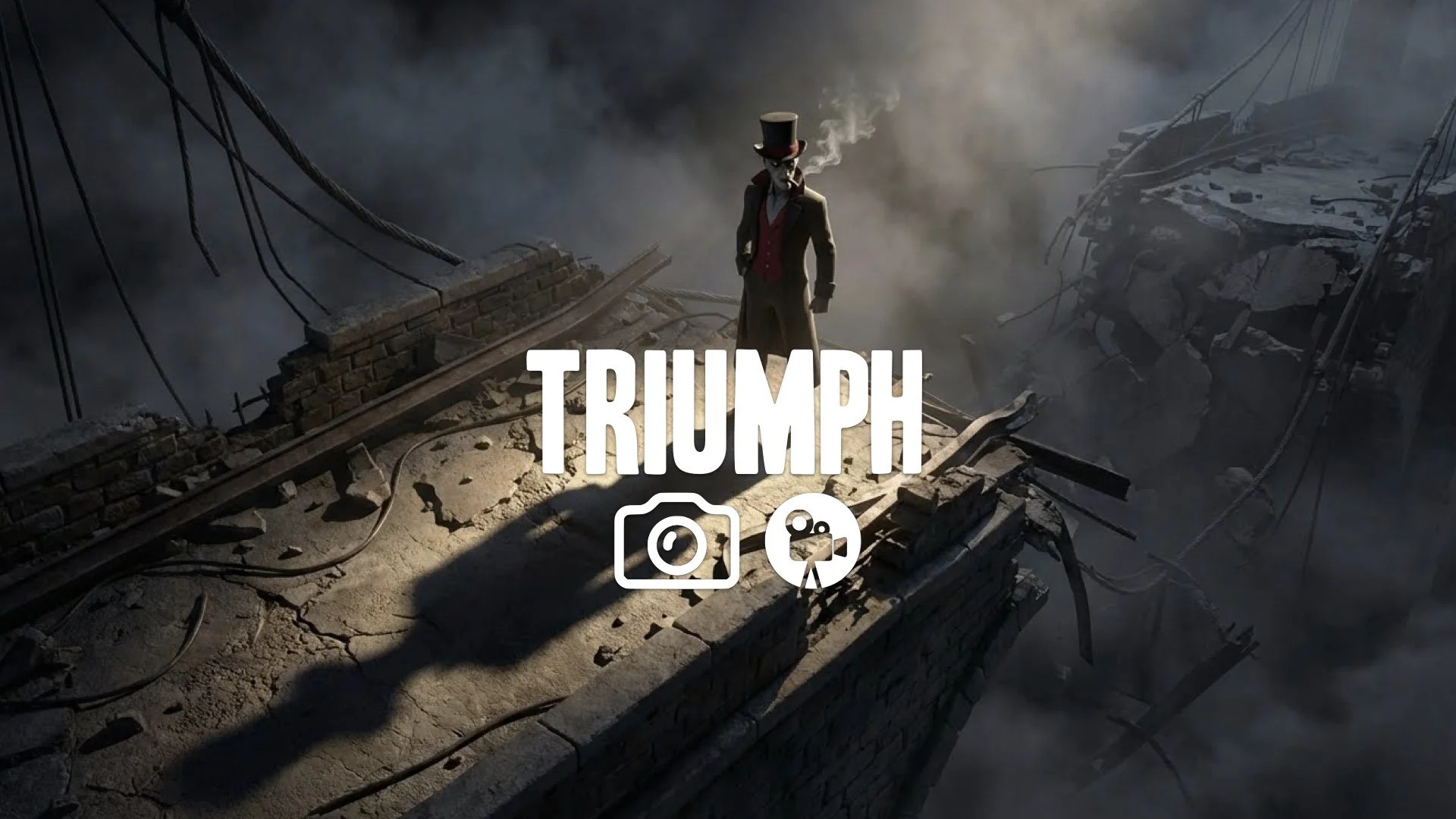 Dutch angle of the villain standing triumphantly, casting a long shadow on the destroyed bridge. Intense lighting, no music.