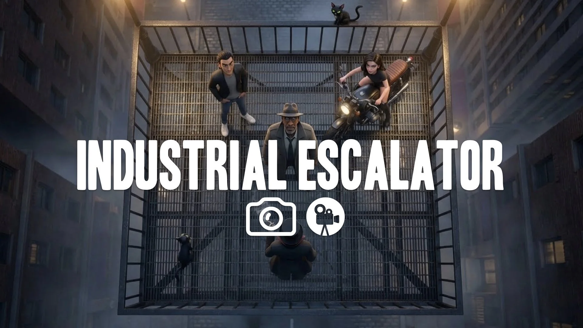 Overhead high-angle shot looking straight down onto a confrontation on a steel platform. Symmetrical framing, no music.