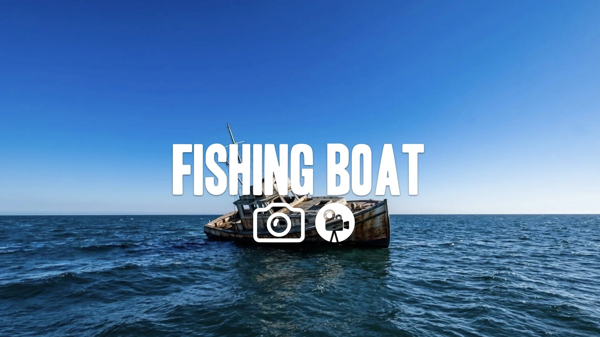 Wide shot of the small, battered boat Orca listing heavily in the vast, empty ocean. Isolation, intense blue, no music.