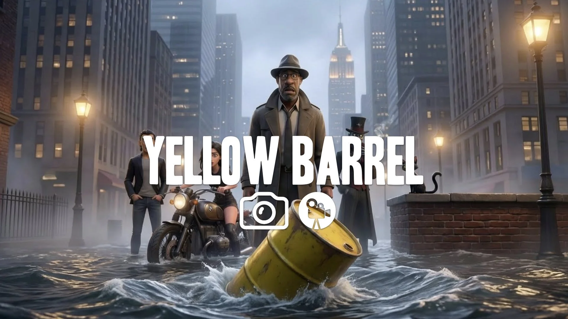 Zoom-in on a floating yellow barrel being rapidly dragged under the waves. Tension, surface water ripple, no music.