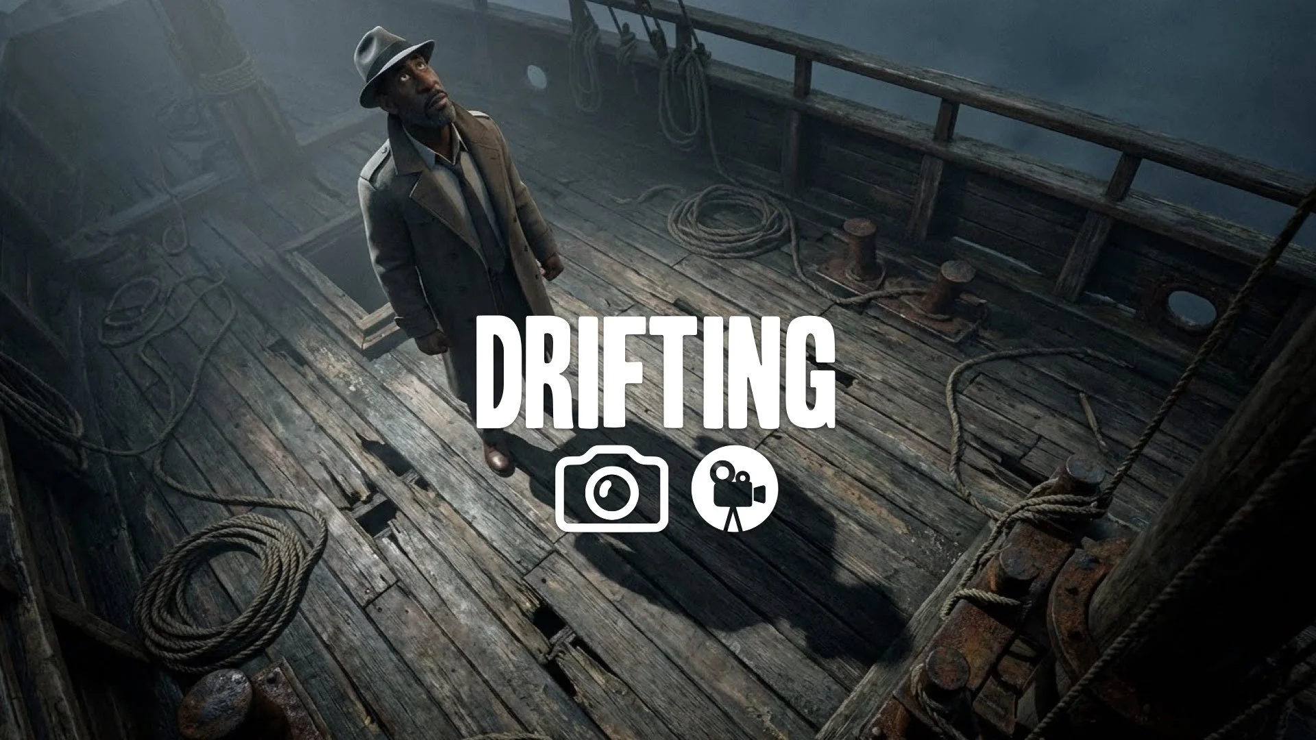 Deep low-angle shot of a character looking up, casting a long shadow on the weathered deck of the boat. Gritty, no music.