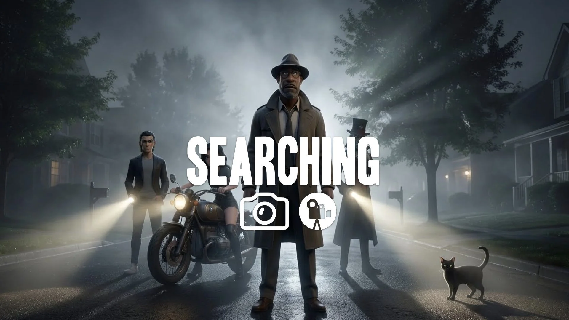 Wide, hazy suburban street at night, with flashlights beaming through the mist and trees. Mysterious, no music.